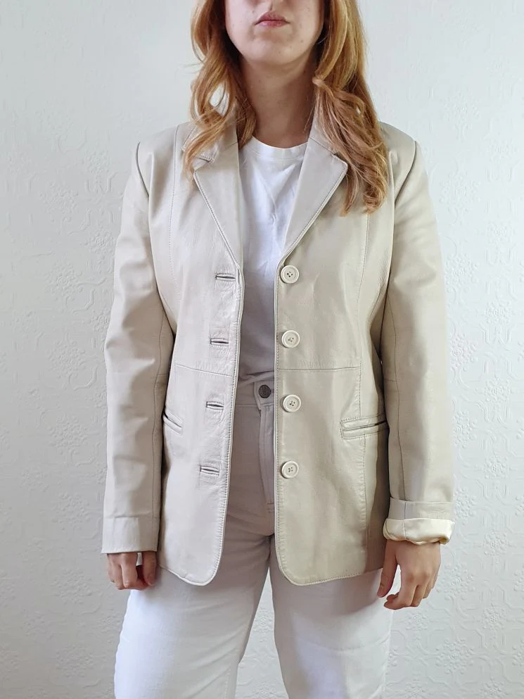 Vintage 90s Cream Genuine Leather Blazer Style Jacket - S - Image 2