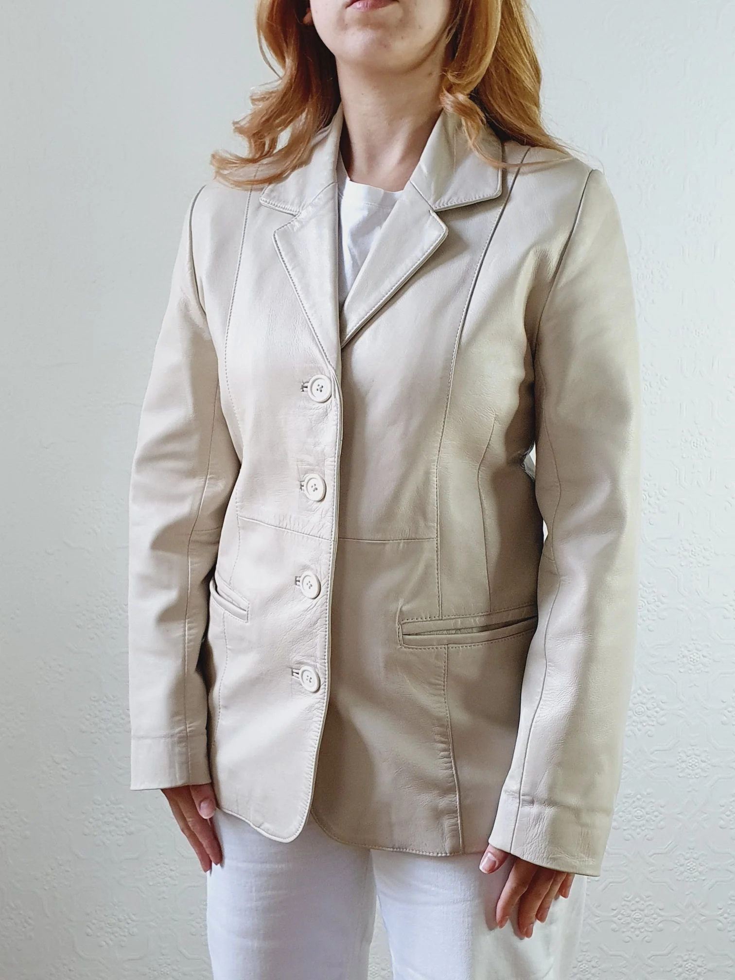 Vintage 90s Cream Genuine Leather Blazer Style Jacket - S - Image 4