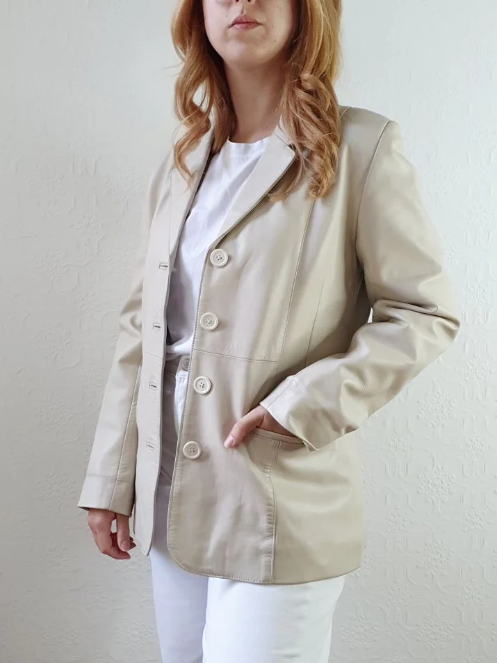 Vintage 90s Cream Genuine Leather Blazer Style Jacket - S - Image 5