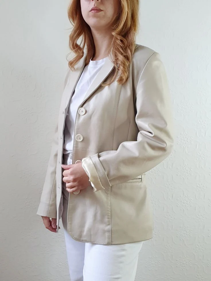 Vintage 90s Cream Genuine Leather Blazer Style Jacket - S - Image 6