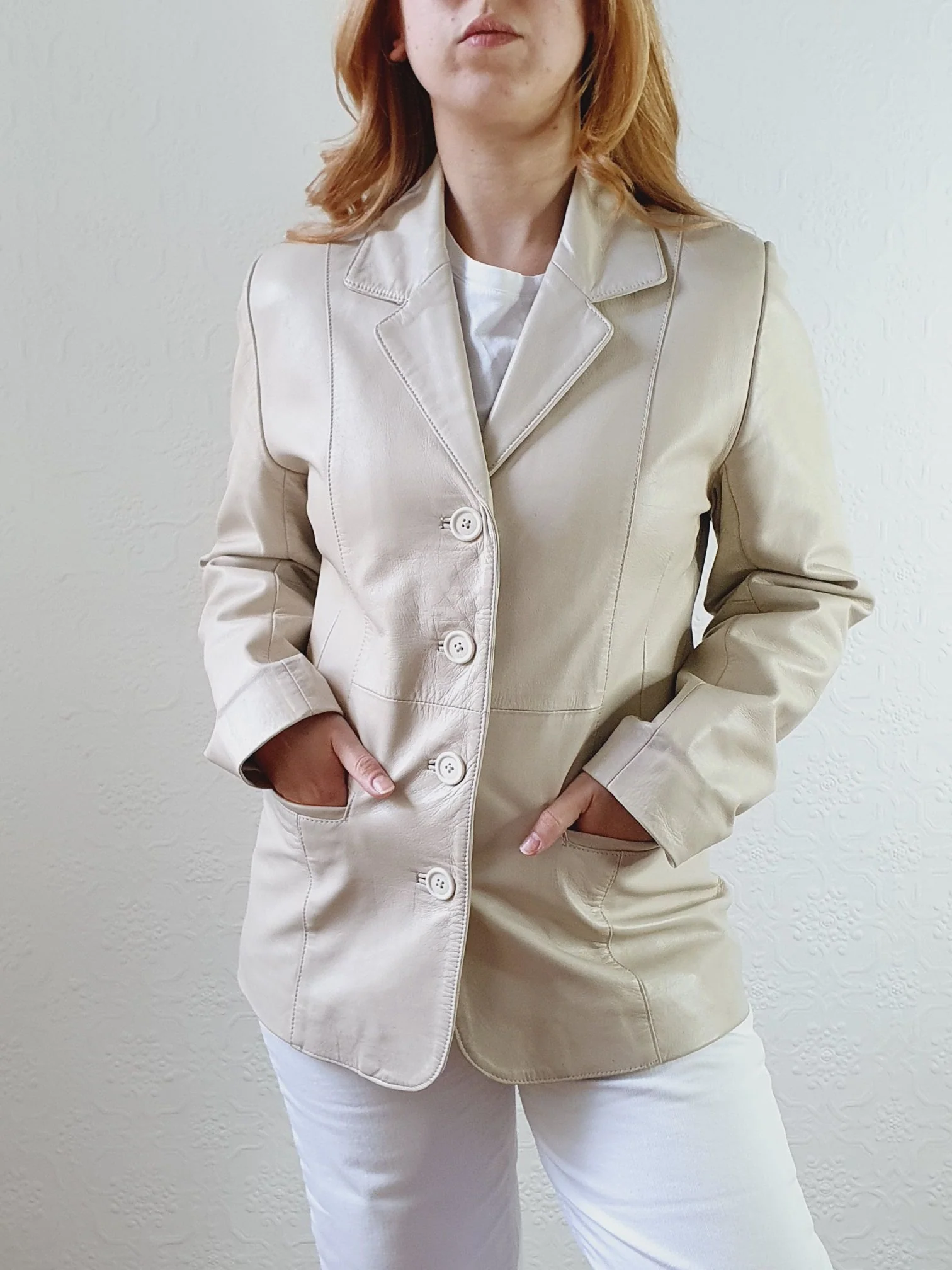 Vintage 90s Cream Genuine Leather Blazer Style Jacket - S - Image 7