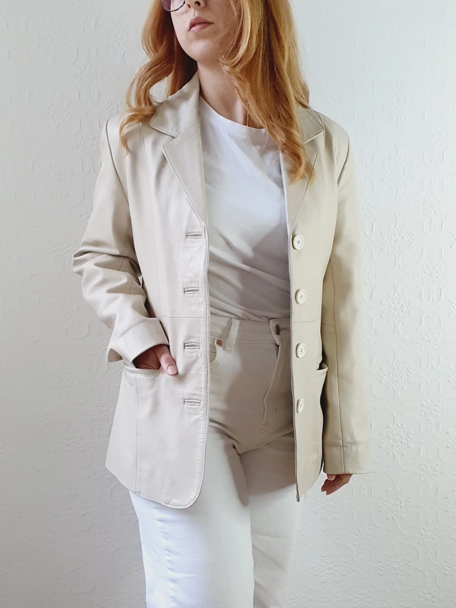 Vintage 90s Cream Genuine Leather Blazer Style Jacket - S - Image 8
