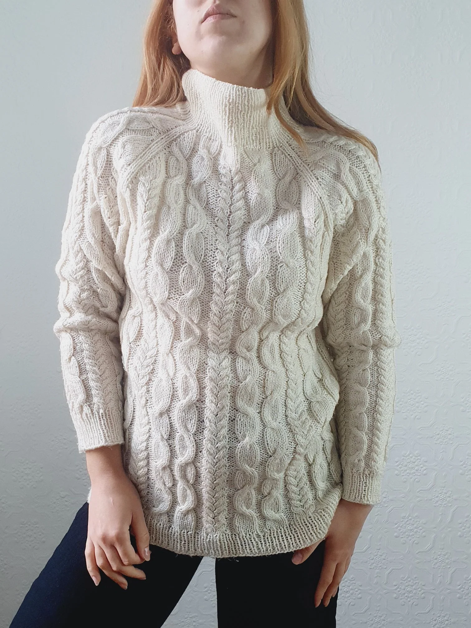 Vintage 90s Cream High Neck Long Cable Knit Aran Style Jumper - S
