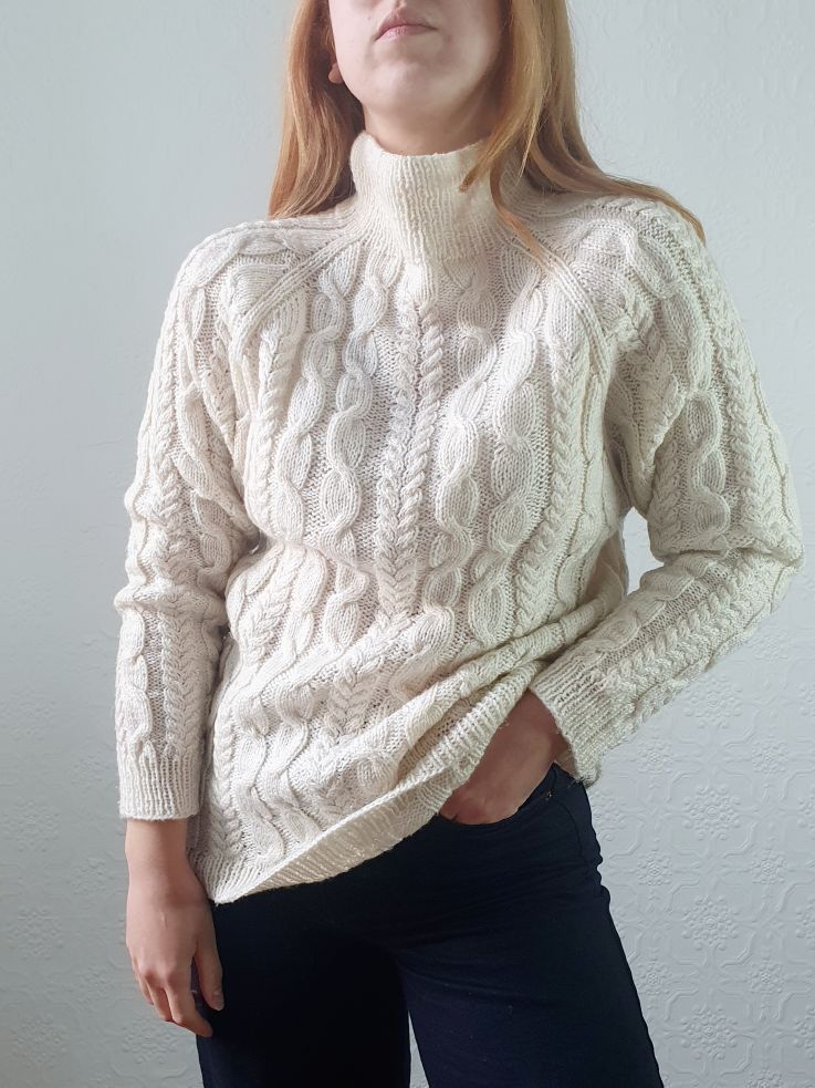 Vintage 90s Cream High Neck Long Cable Knit Aran Style Jumper - S - Image 2
