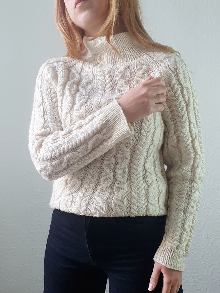 Vintage 90s Cream High Neck Long Cable Knit Aran Style Jumper - S - Image 4