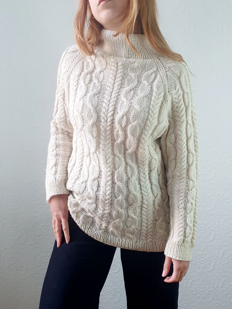Vintage 90s Cream High Neck Long Cable Knit Aran Style Jumper - S - Image 5