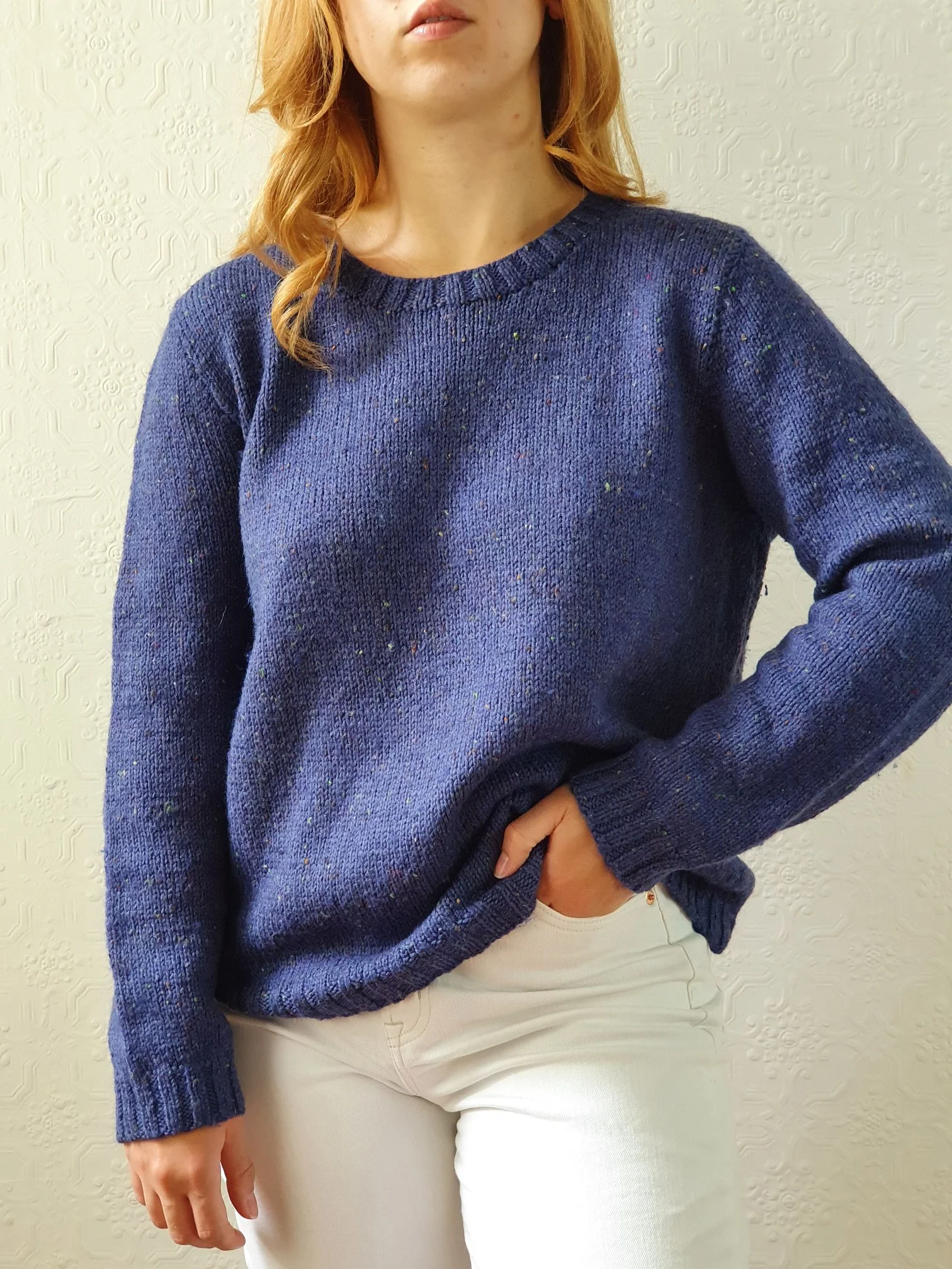 Vintage 90s Dark Blue Speckled Handknitted Wool Jumper - M - Image 2
