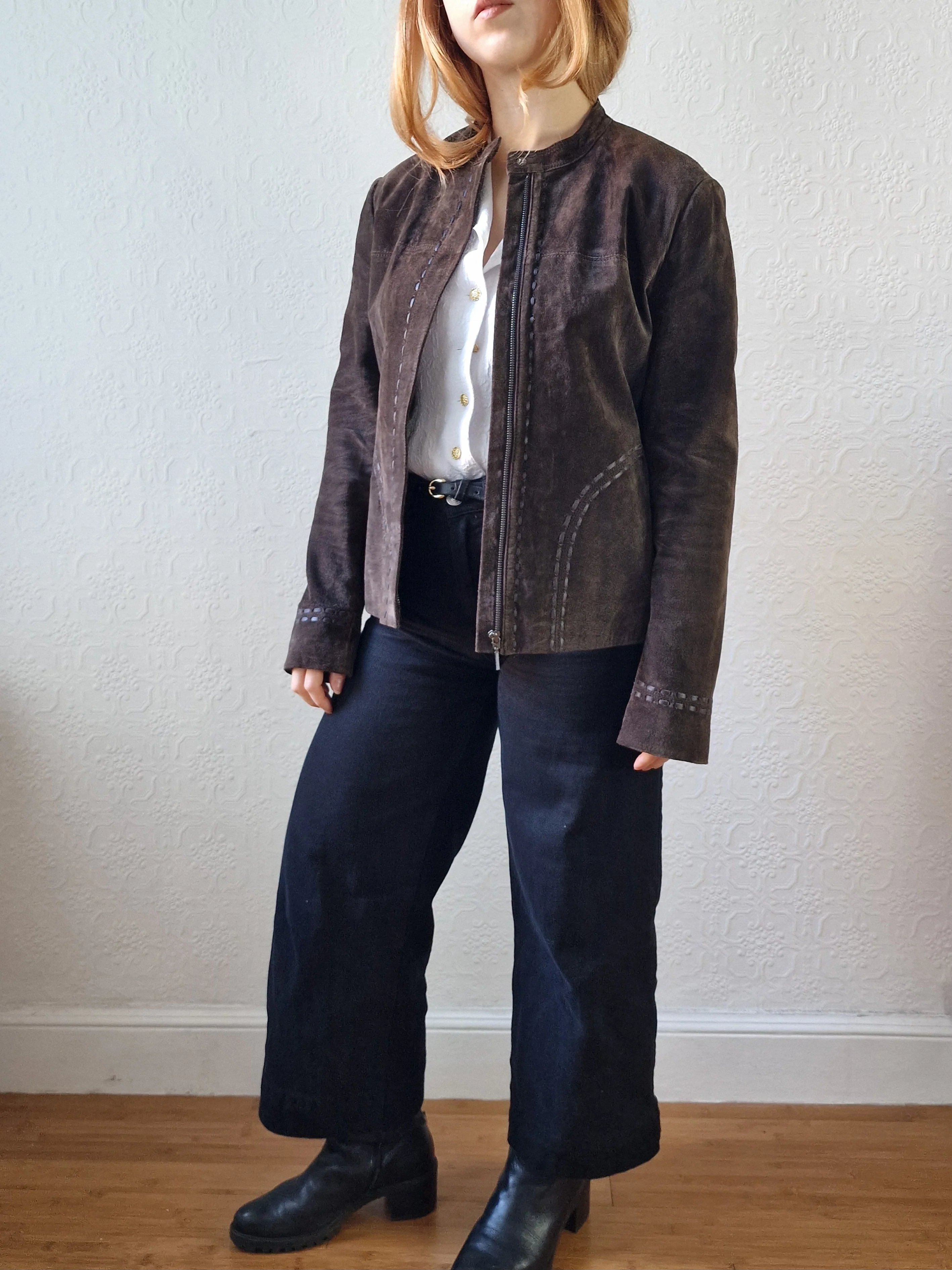 Vintage 90s Dark Brown Genuine Suede Leather Jacket - S - Image 2