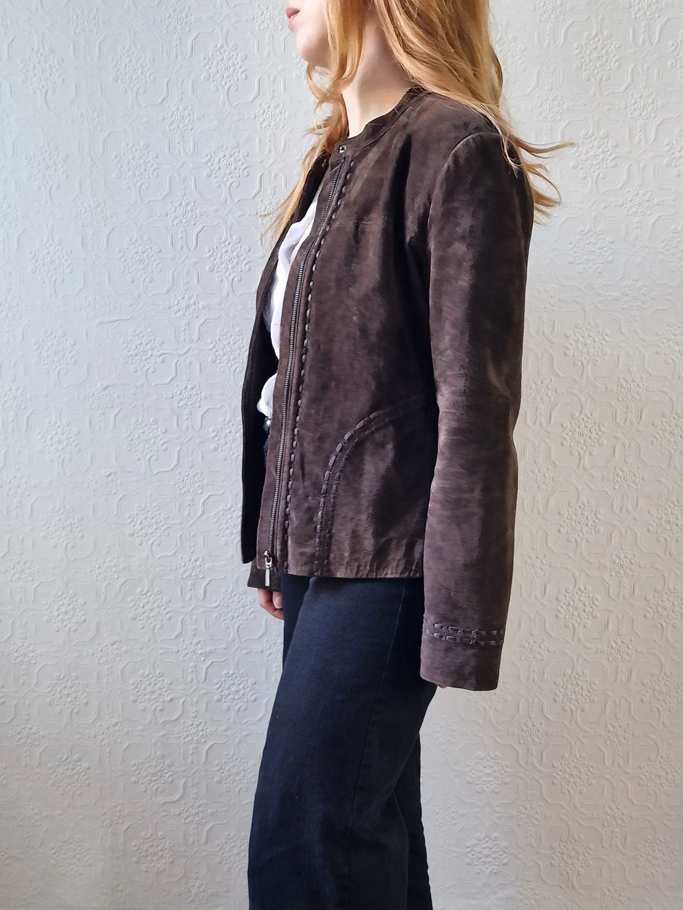 Vintage 90s Dark Brown Genuine Suede Leather Jacket - S - Image 5