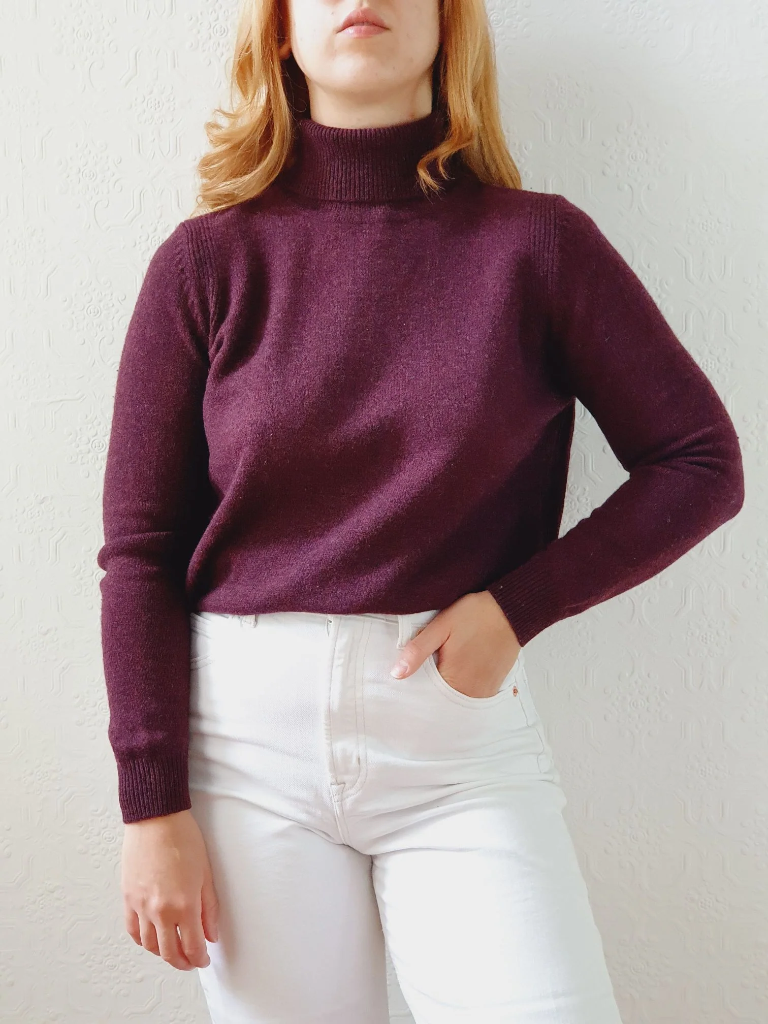 Vintage 90s Dark Burgundy Merino Wool Turtleneck Jumper - S