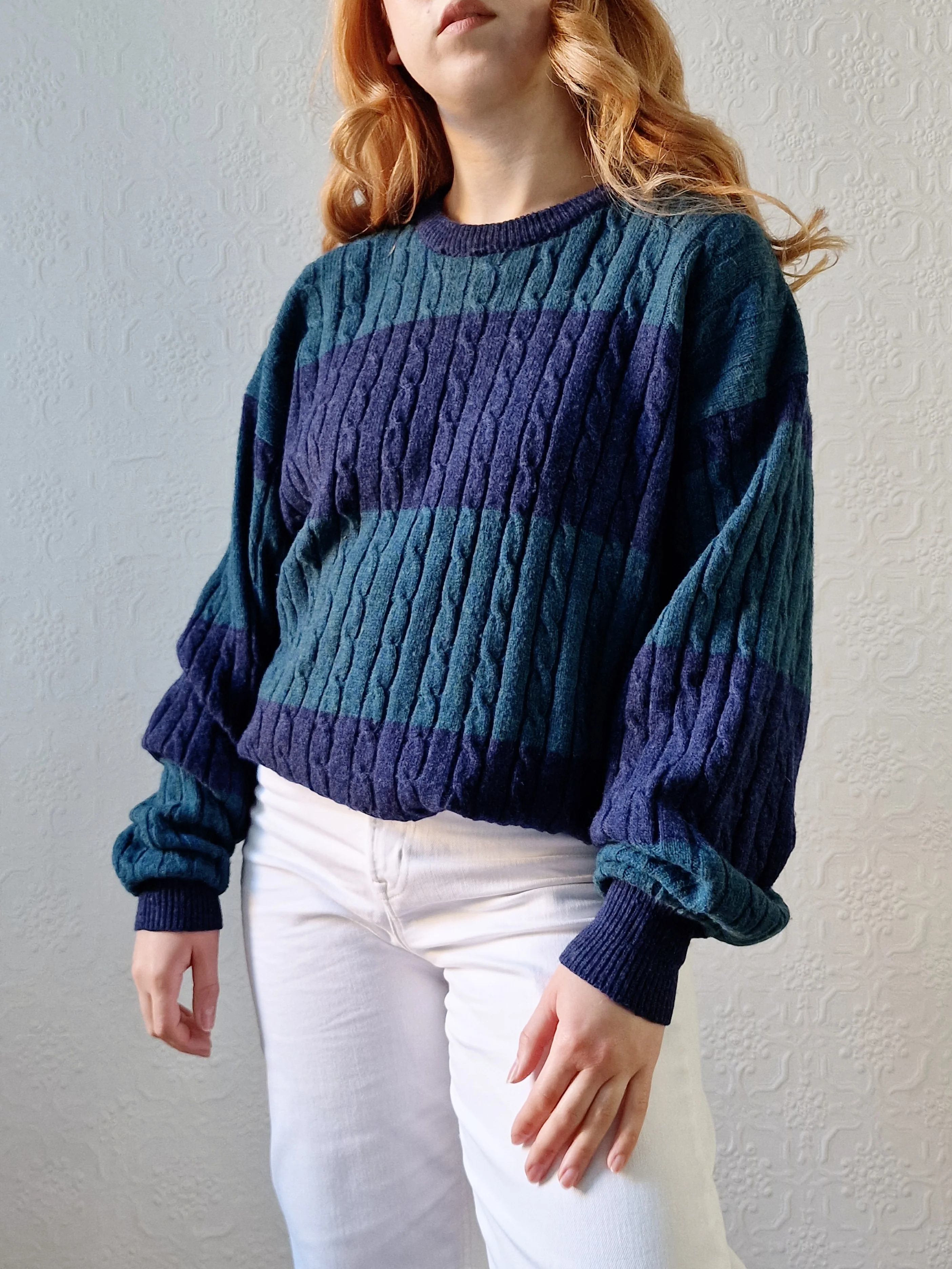 Vintage 90s Dark Green & Navy Aran Style Cable Knit Jumper with Crew Neck - XL - Image 2