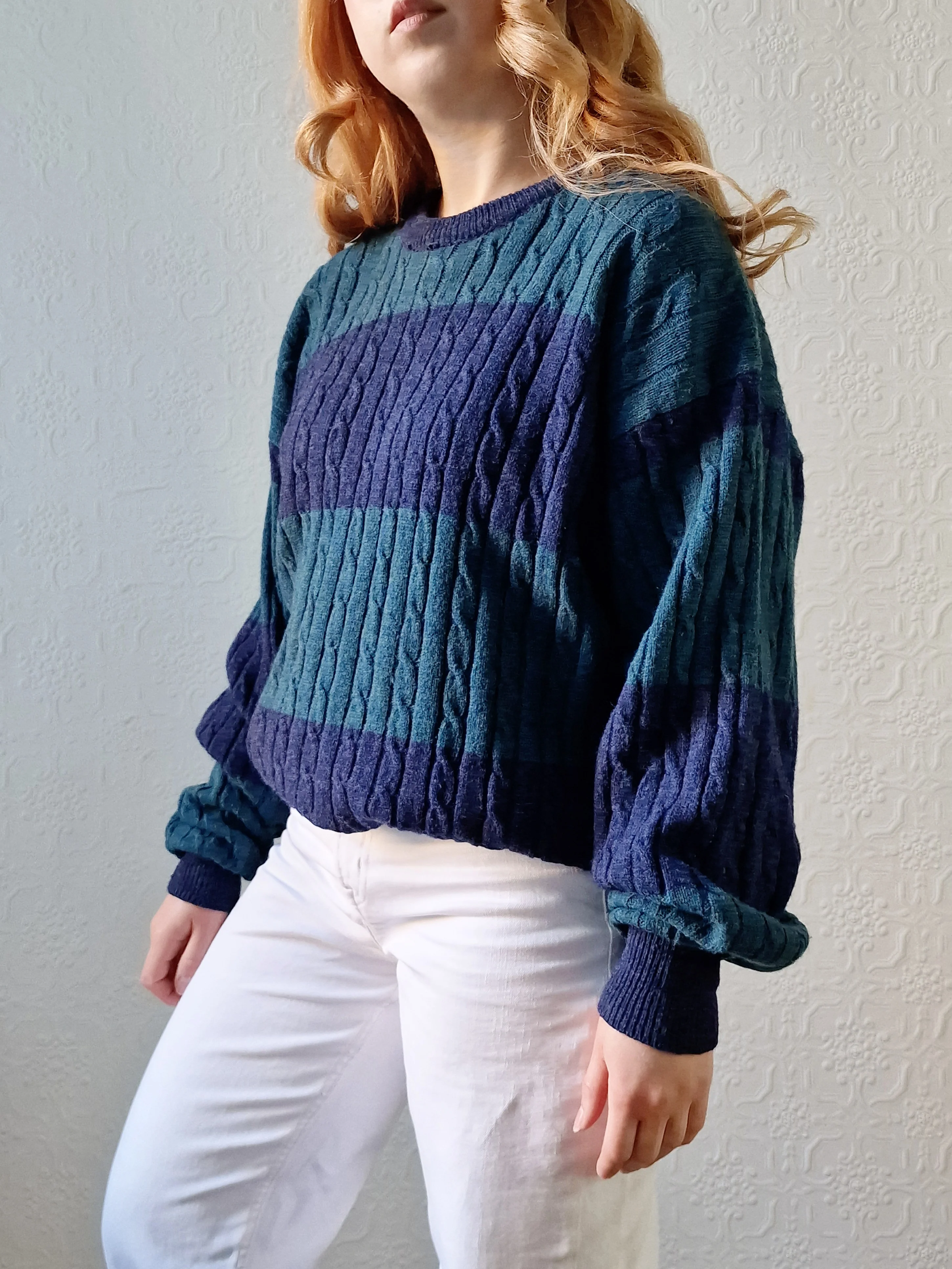 Vintage 90s Dark Green & Navy Aran Style Cable Knit Jumper with Crew Neck - XL - Image 3