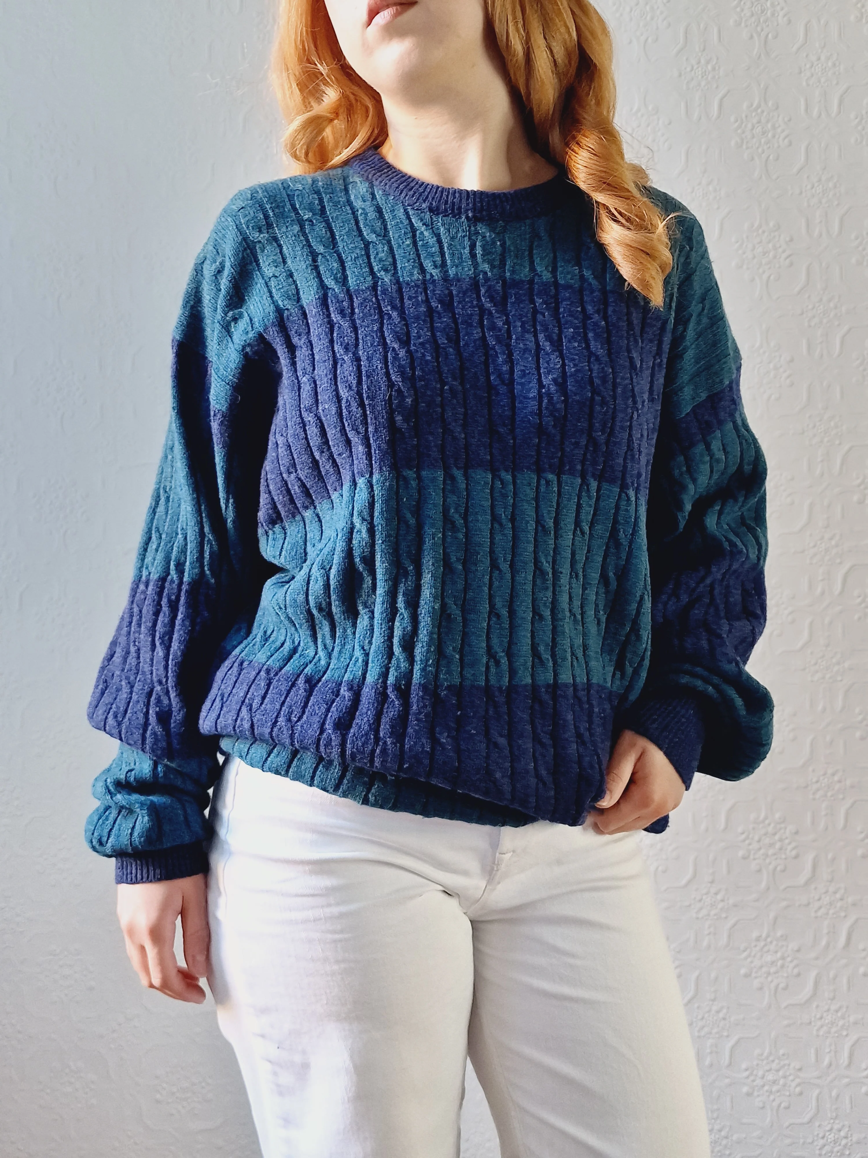 Vintage 90s Dark Green & Navy Aran Style Cable Knit Jumper with Crew Neck - XL - Image 5