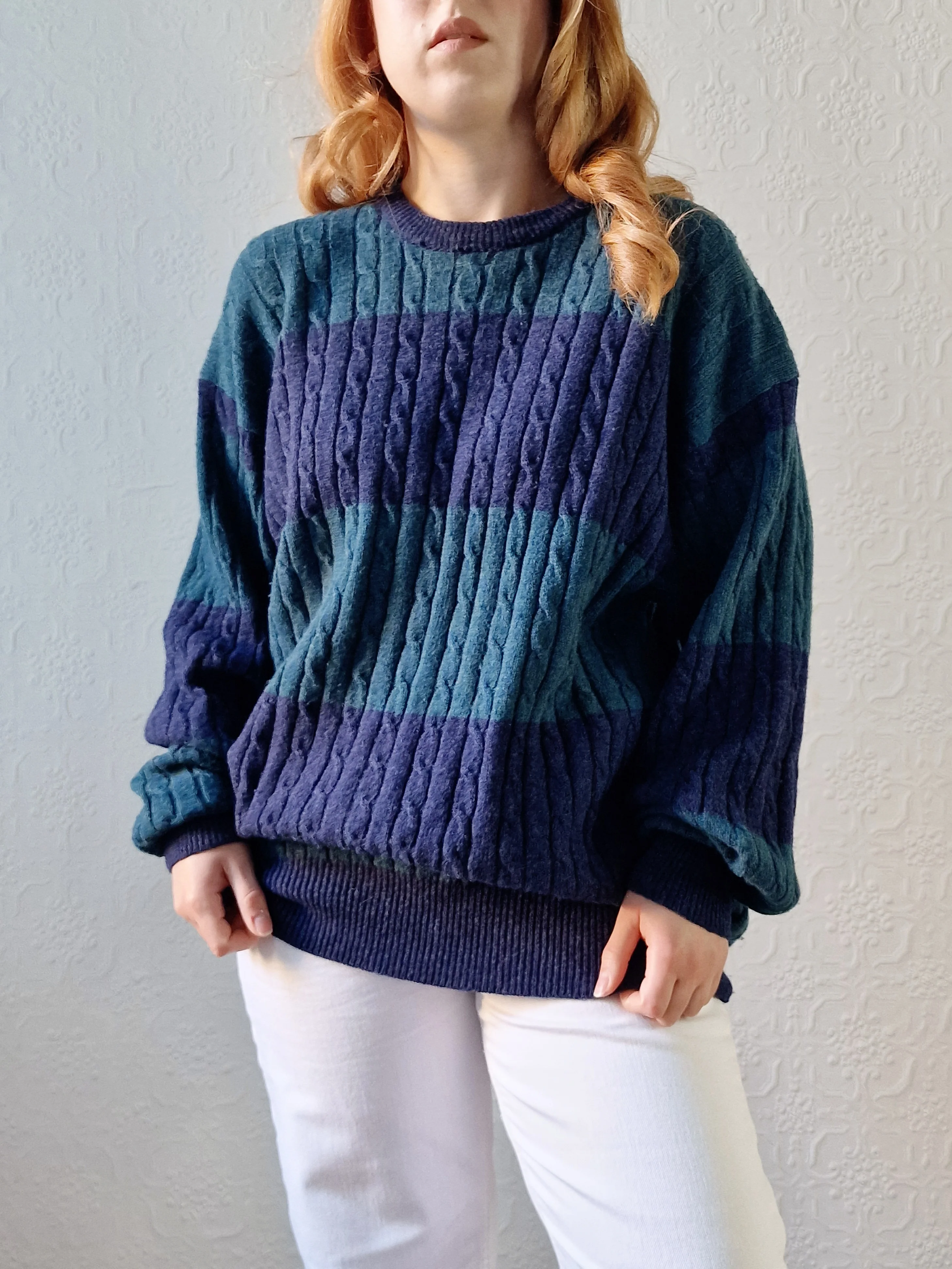 Vintage 90s Dark Green & Navy Aran Style Cable Knit Jumper with Crew Neck - XL - Image 6