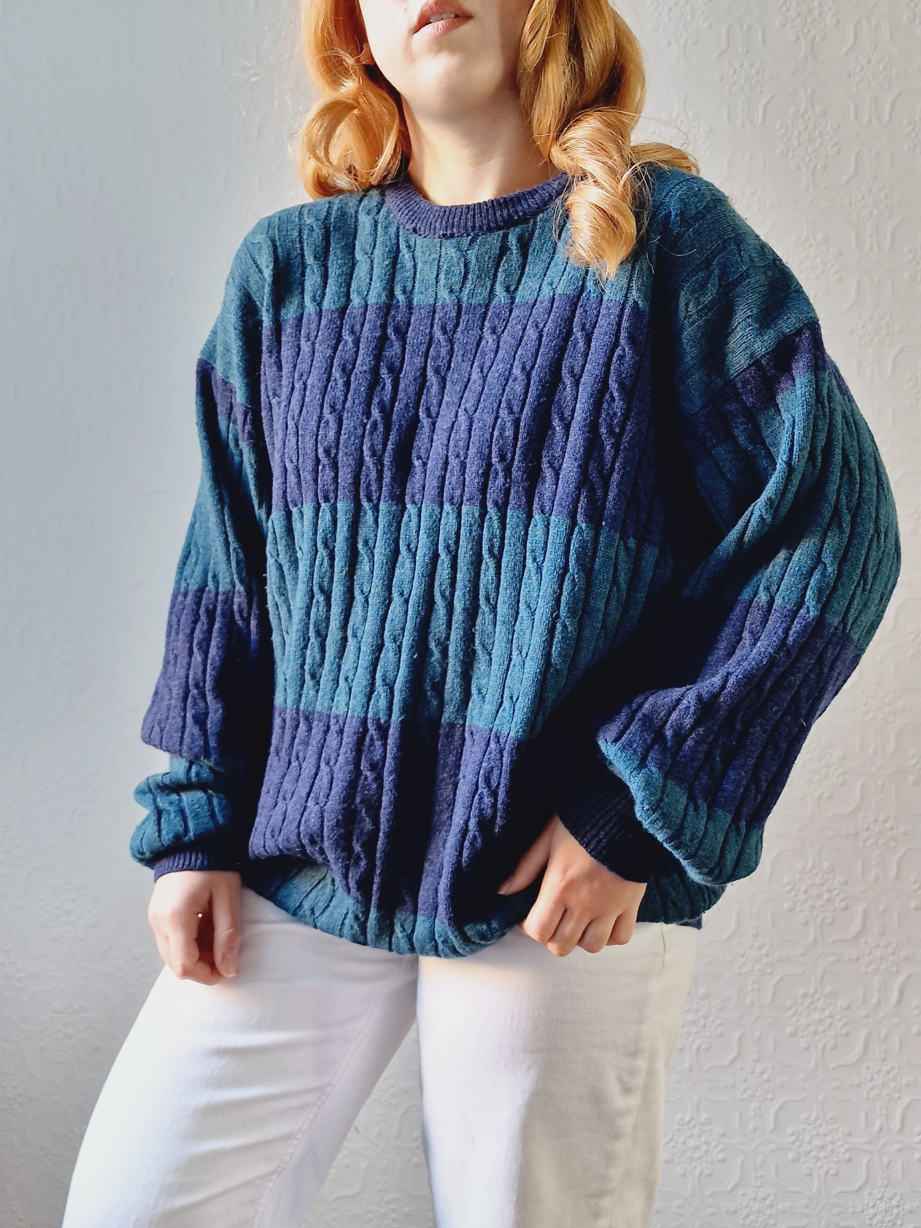Vintage 90s Dark Green & Navy Aran Style Cable Knit Jumper with Crew Neck - XL - Image 7