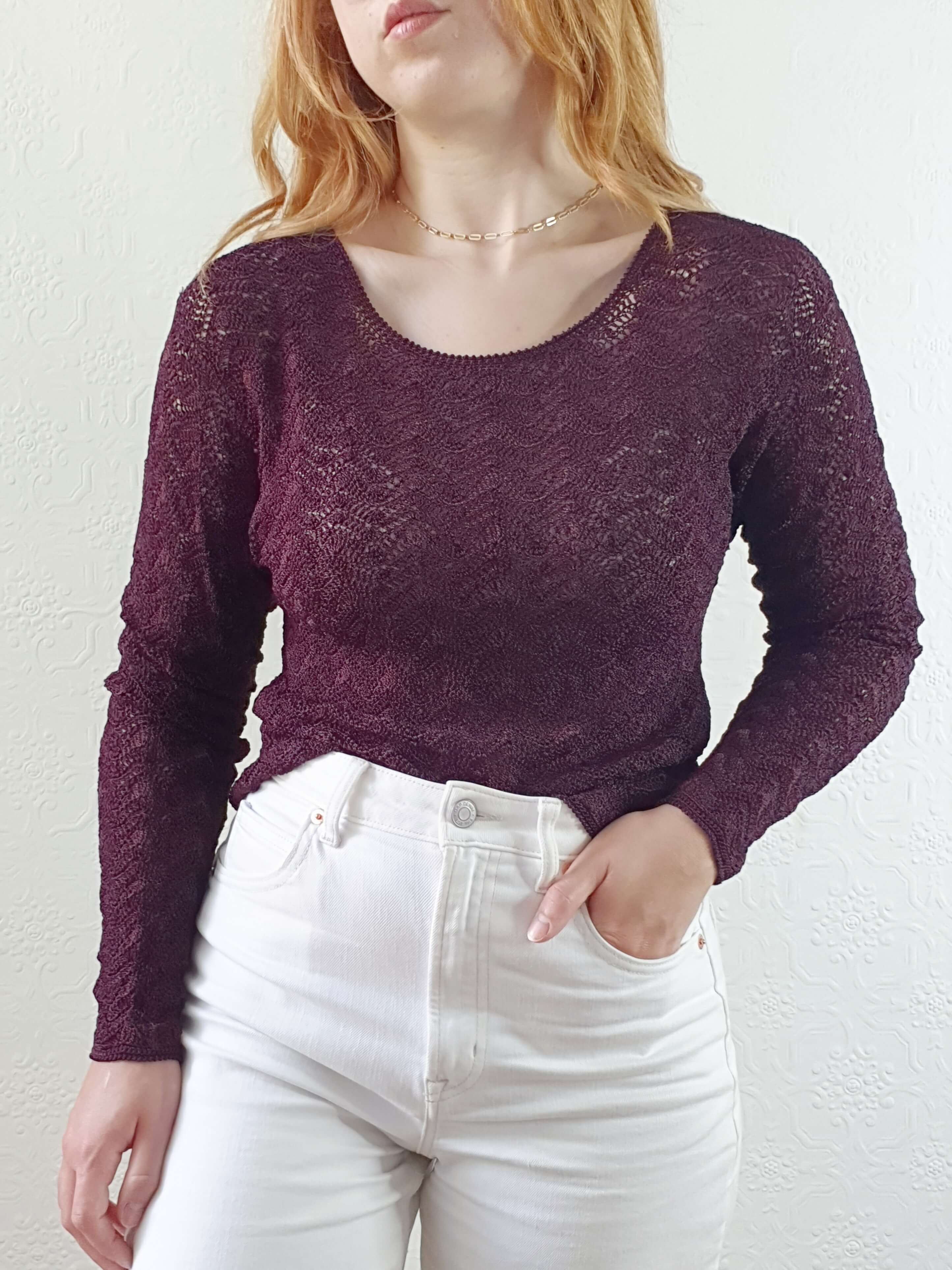 Vintage 90s Deep Purple Scalloped Crochet Top - XS/S - Image 2
