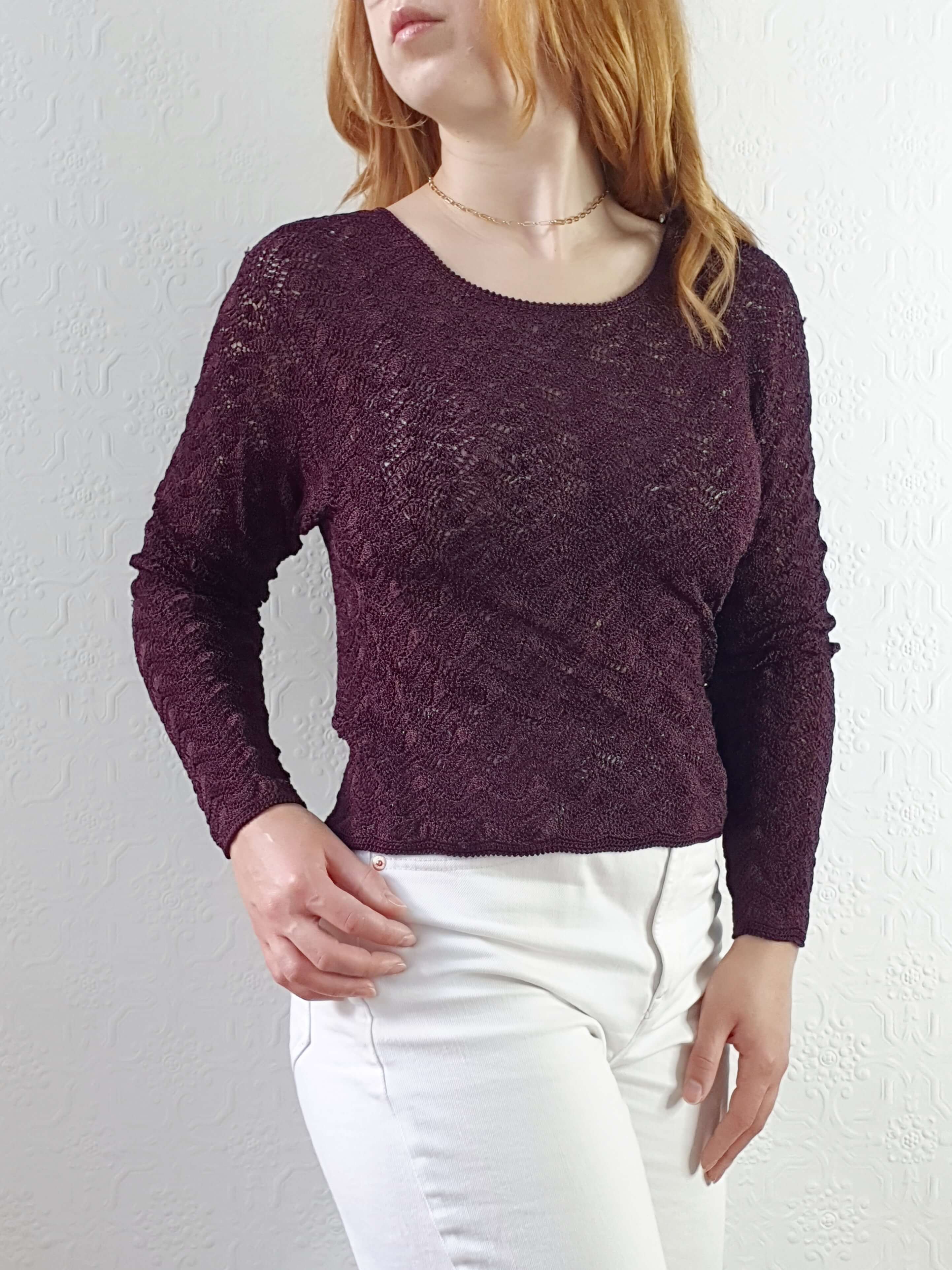 Vintage 90s Deep Purple Scalloped Crochet Top - XS/S - Image 4