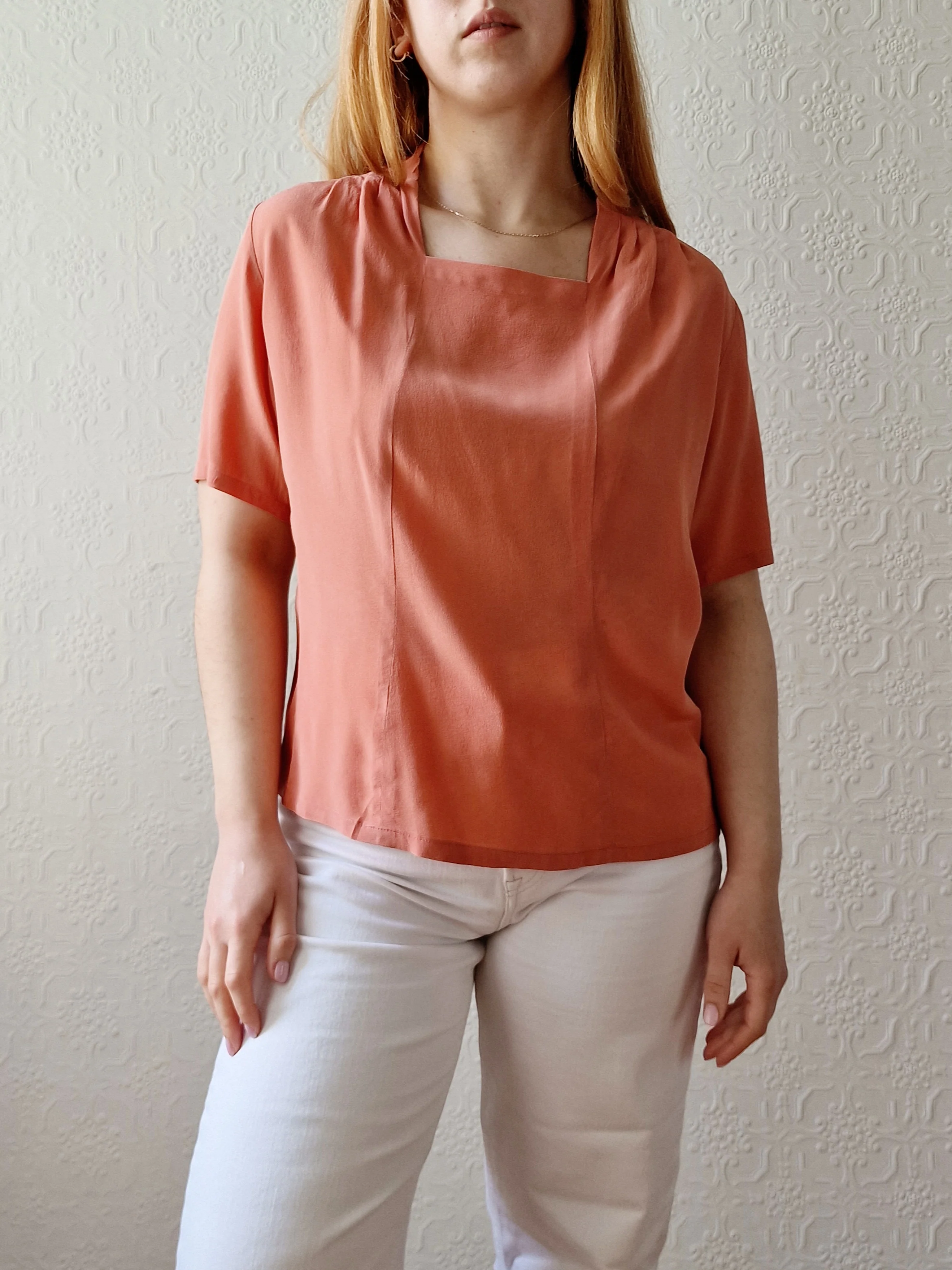 Vintage 90s Dusty Pink 100% Silk Blouse with Short Sleeves - M - Image 2