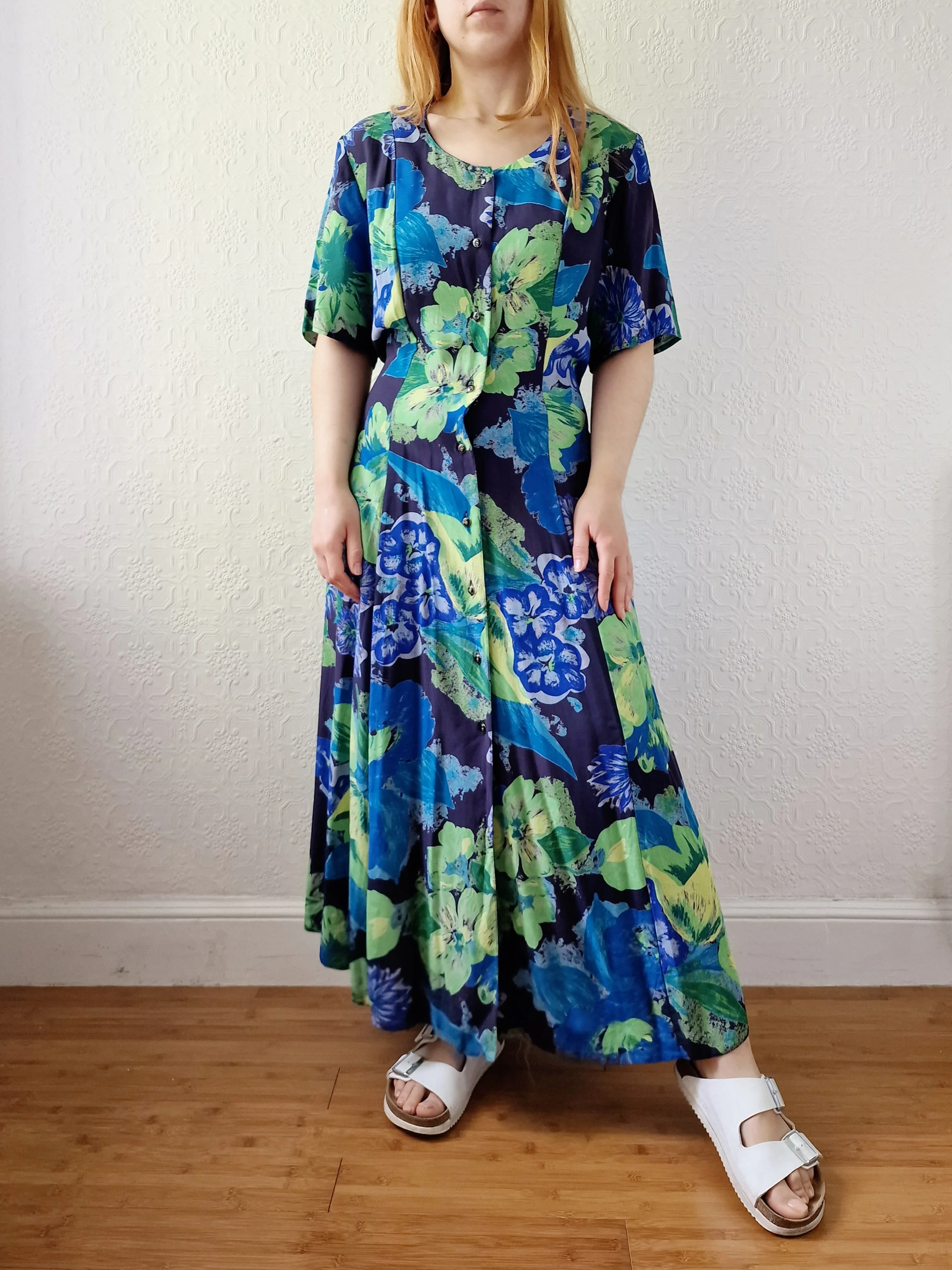 Vintage 90s Green & Blue Floral Dress with Short Sleeves - XL