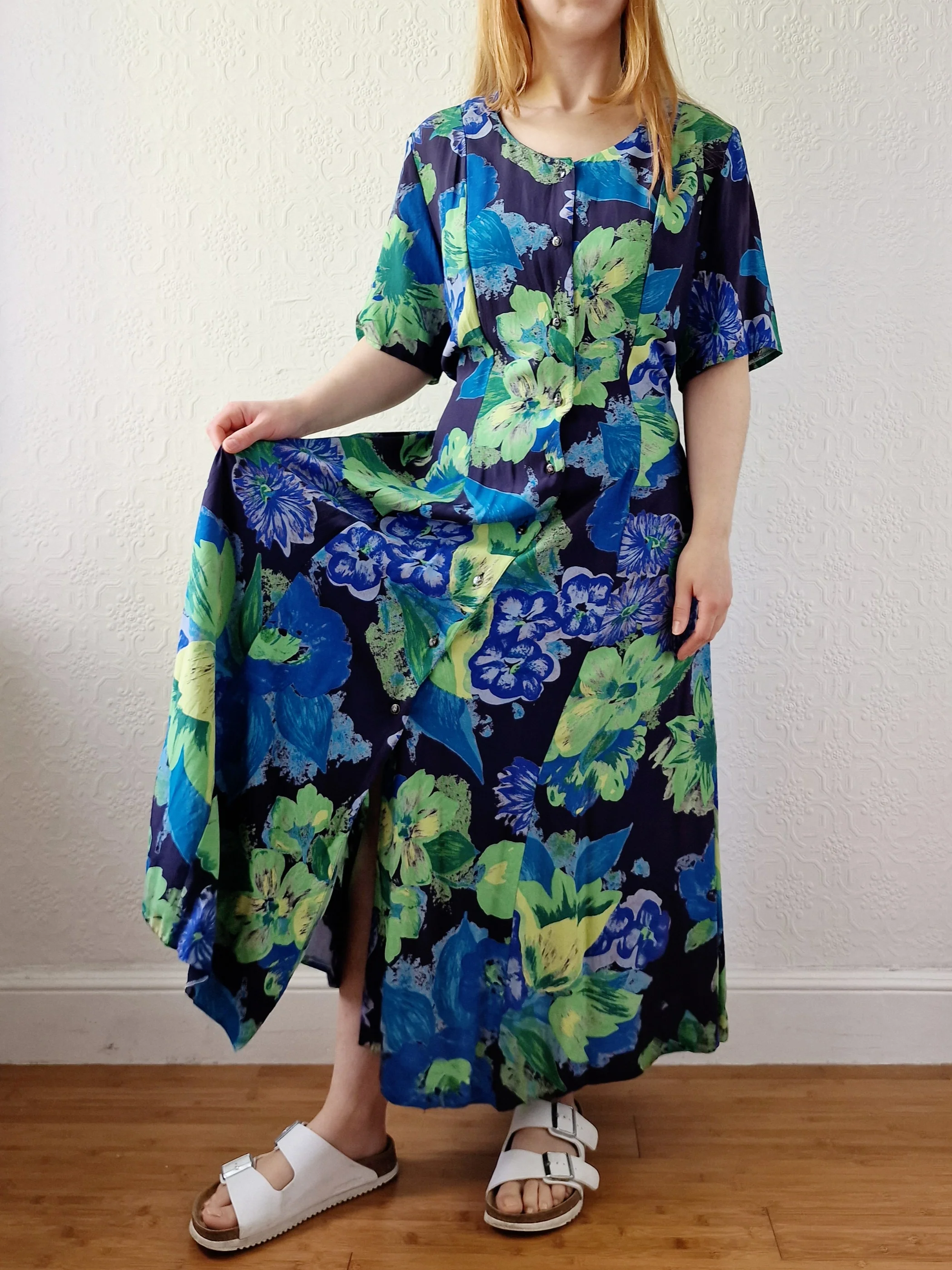 Vintage 90s Green & Blue Floral Dress with Short Sleeves - XL - Image 2