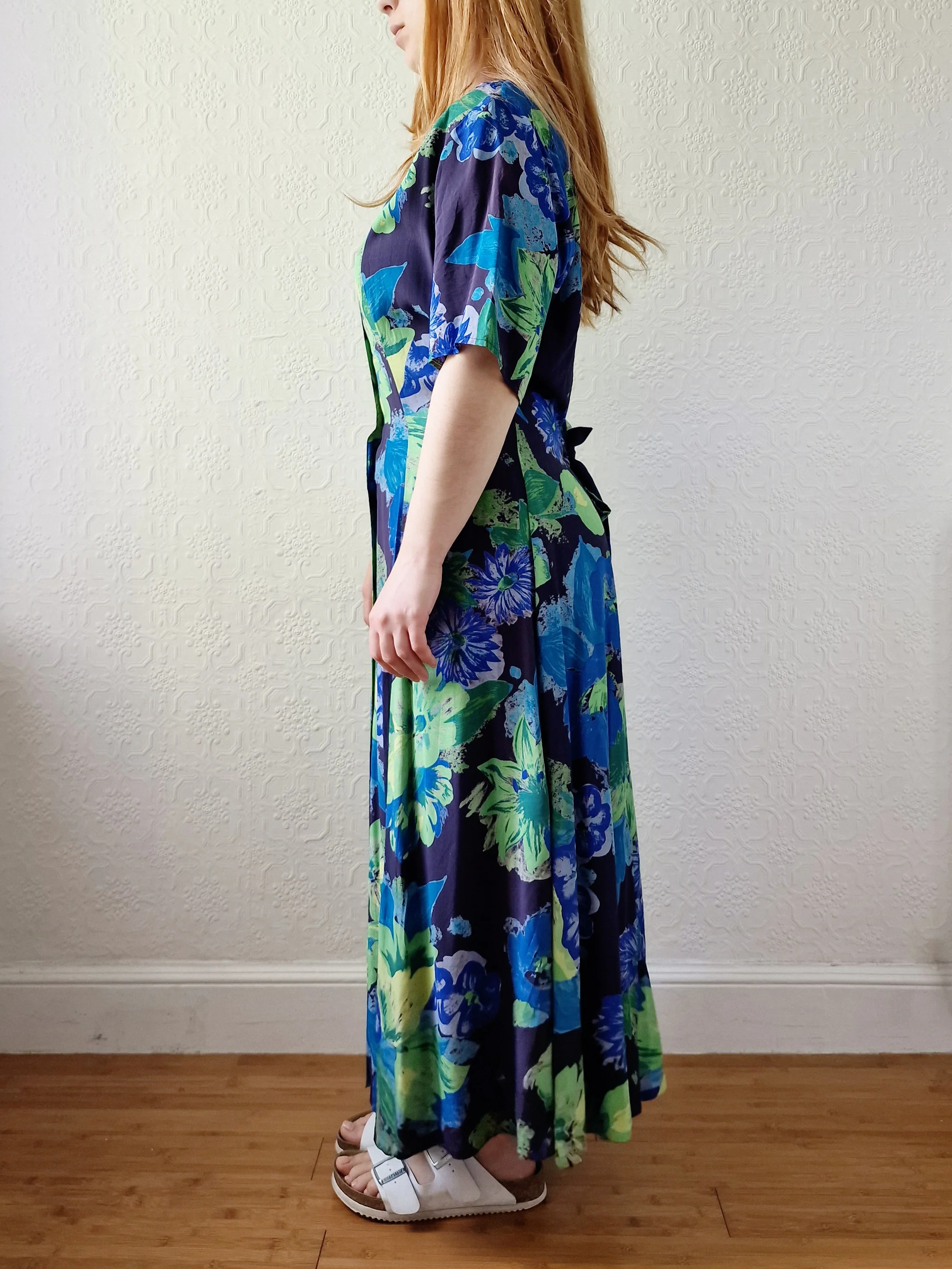 Vintage 90s Green & Blue Floral Dress with Short Sleeves - XL - Image 3
