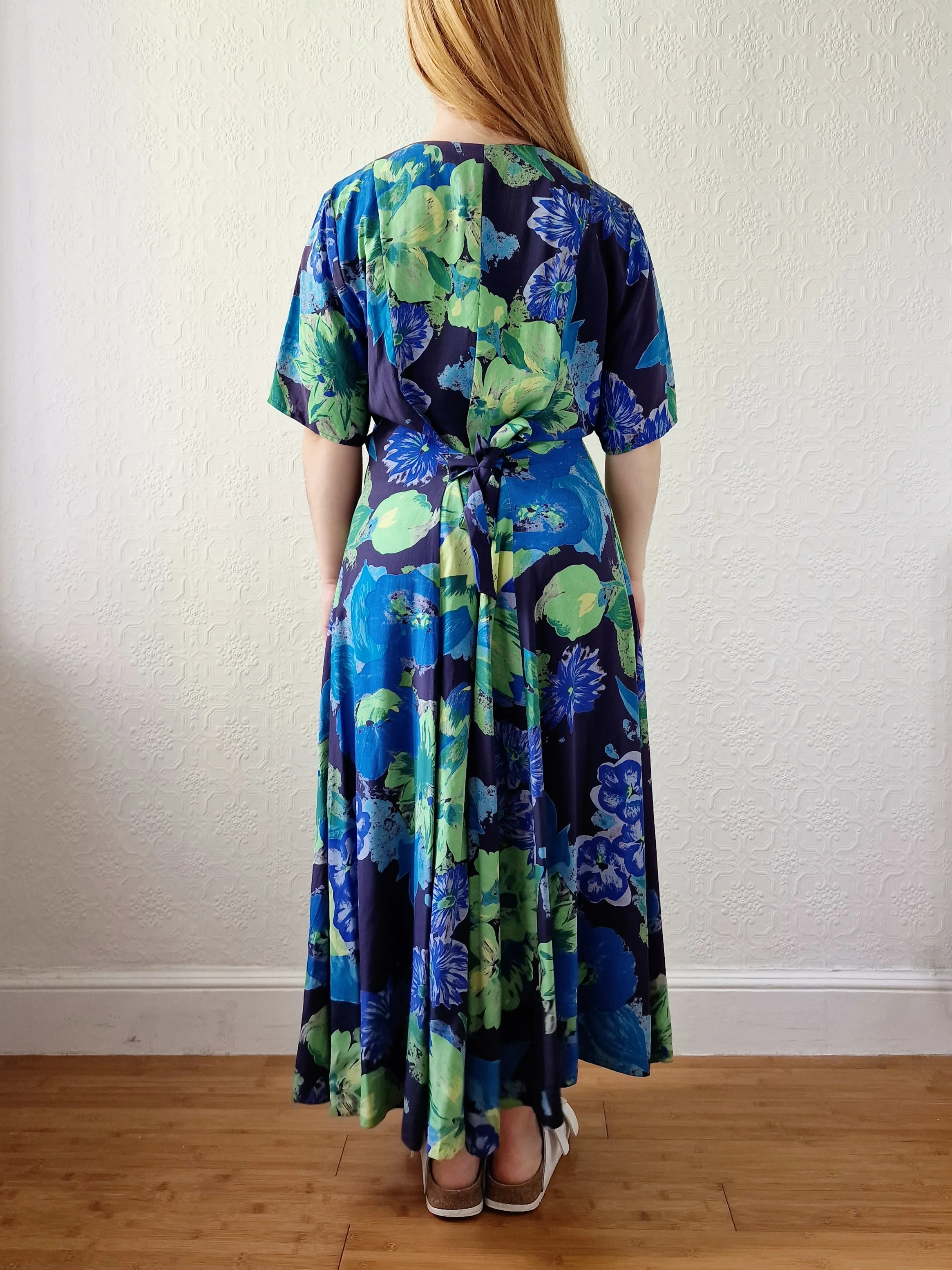 Vintage 90s Green & Blue Floral Dress with Short Sleeves - XL - Image 4