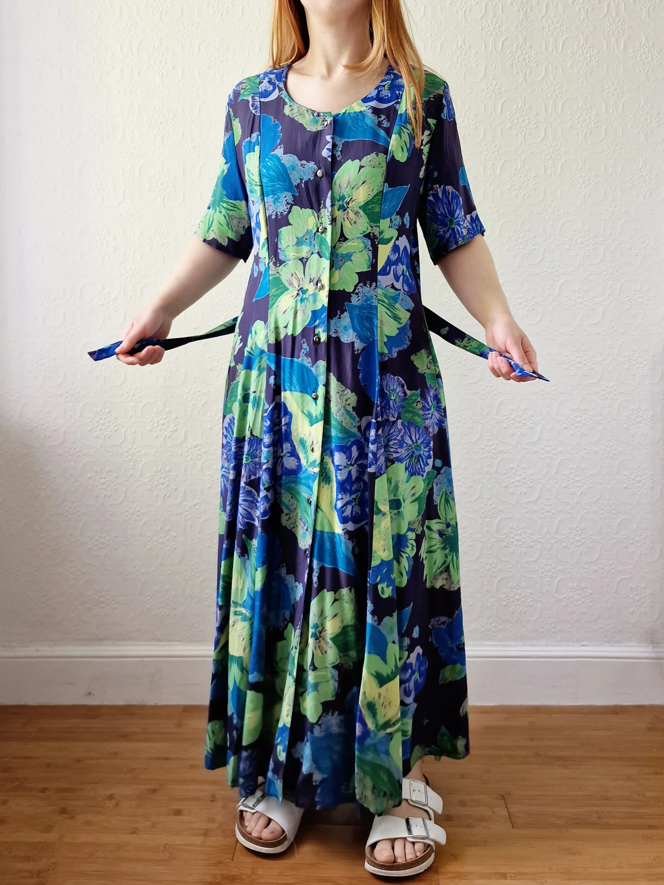 Vintage 90s Green & Blue Floral Dress with Short Sleeves - XL - Image 5