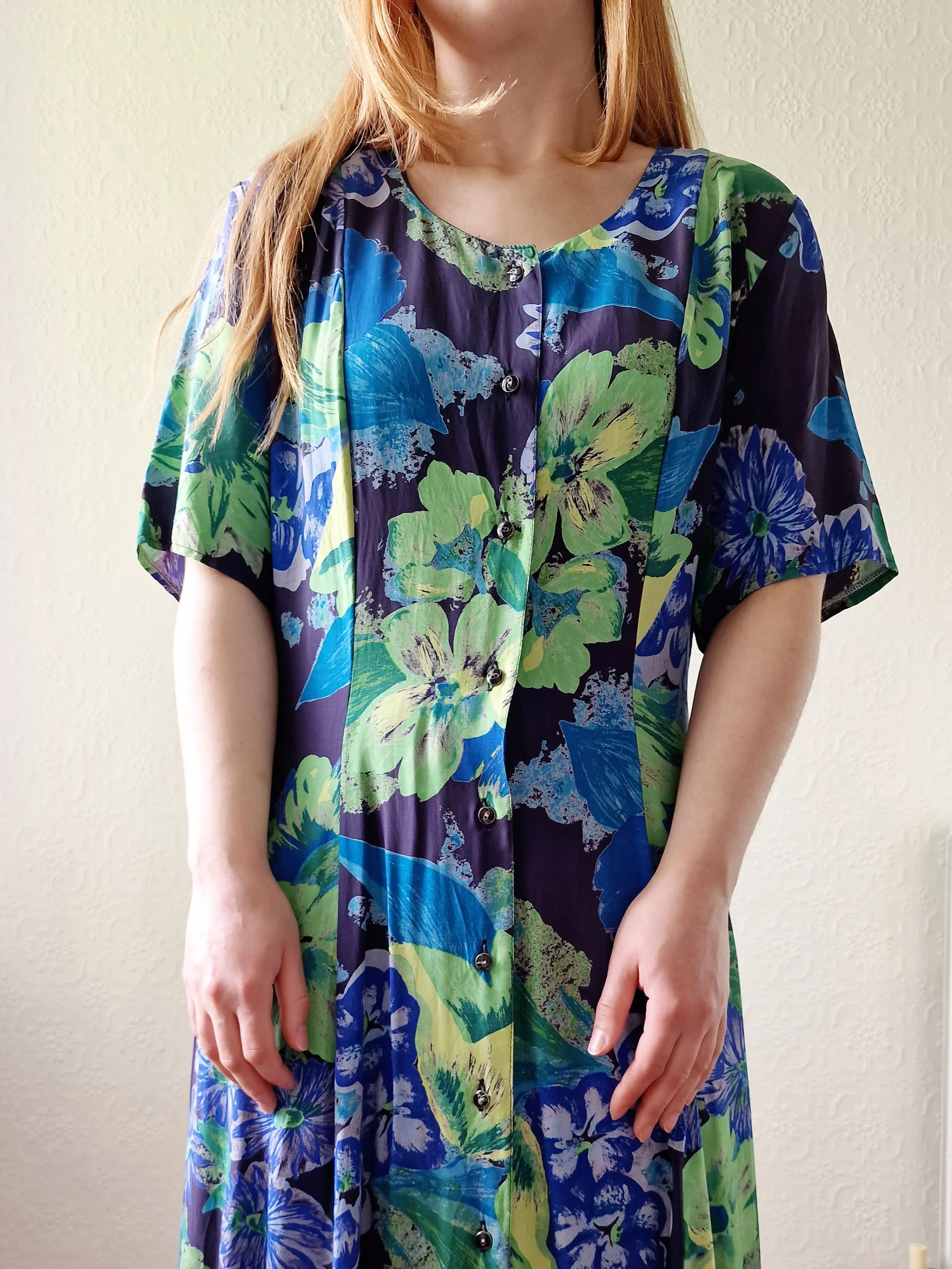 Vintage 90s Green & Blue Floral Dress with Short Sleeves - XL - Image 6