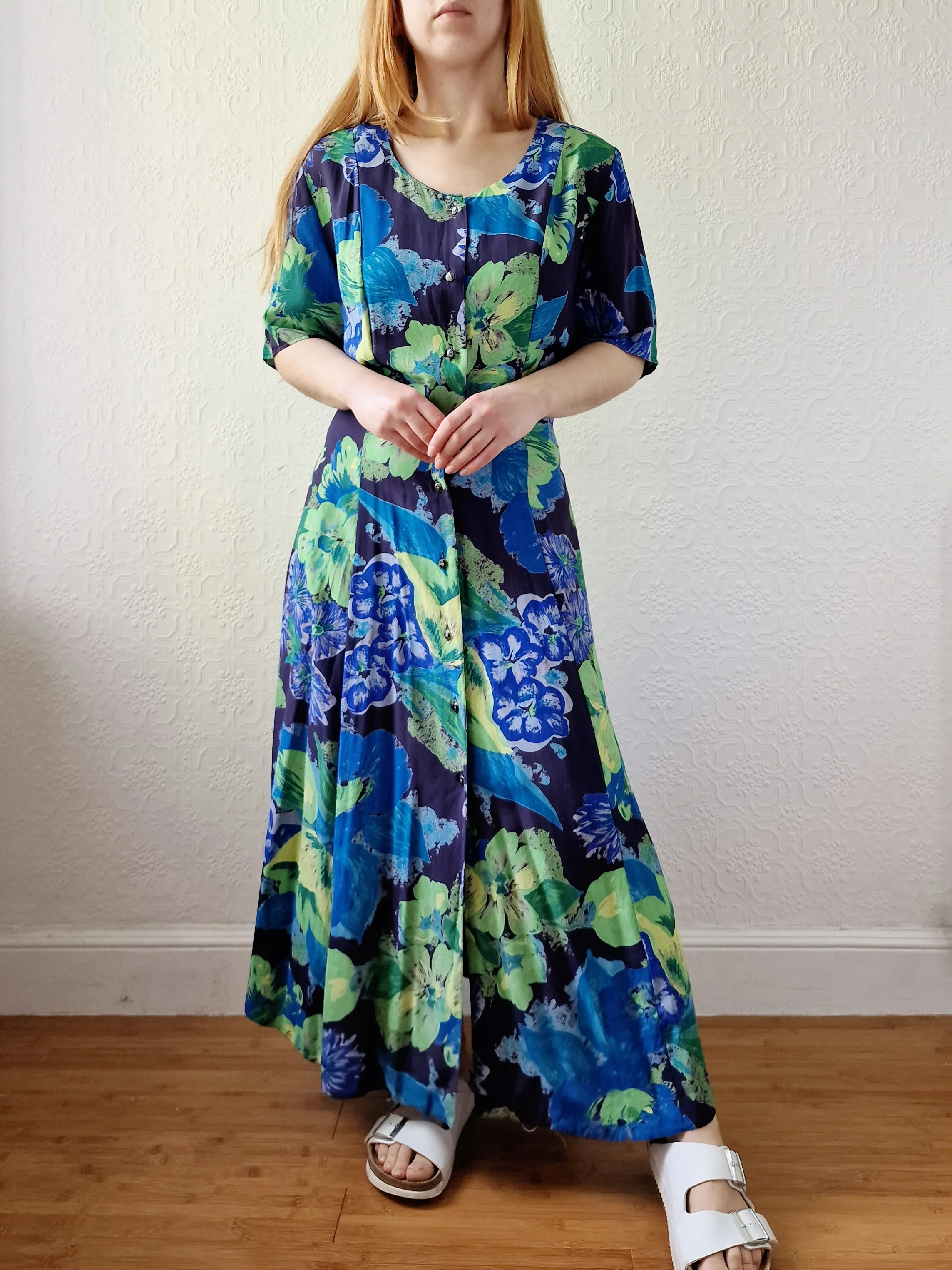 Vintage 90s Green & Blue Floral Dress with Short Sleeves - XL - Image 7