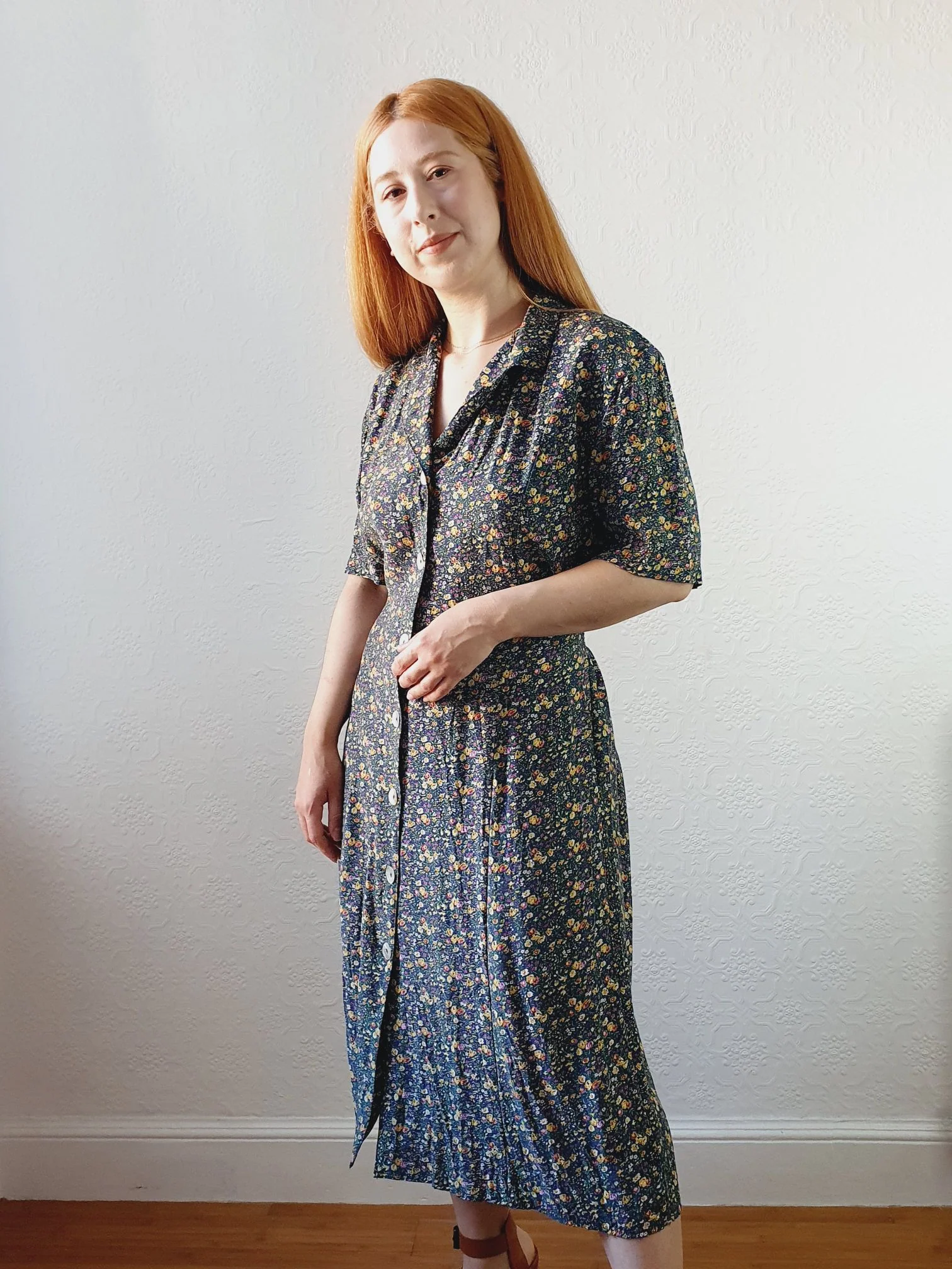 Vintage 90s Green Floral Ditsy Dress - L
