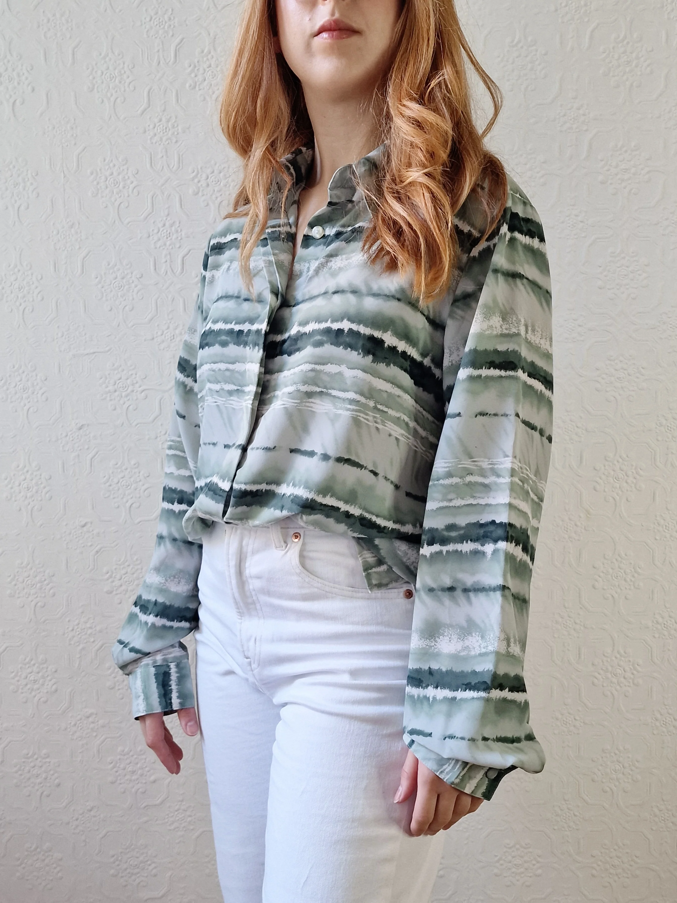 Vintage 90s Green Watercolour Abstract Pattern Long Sleeve Blouse - M