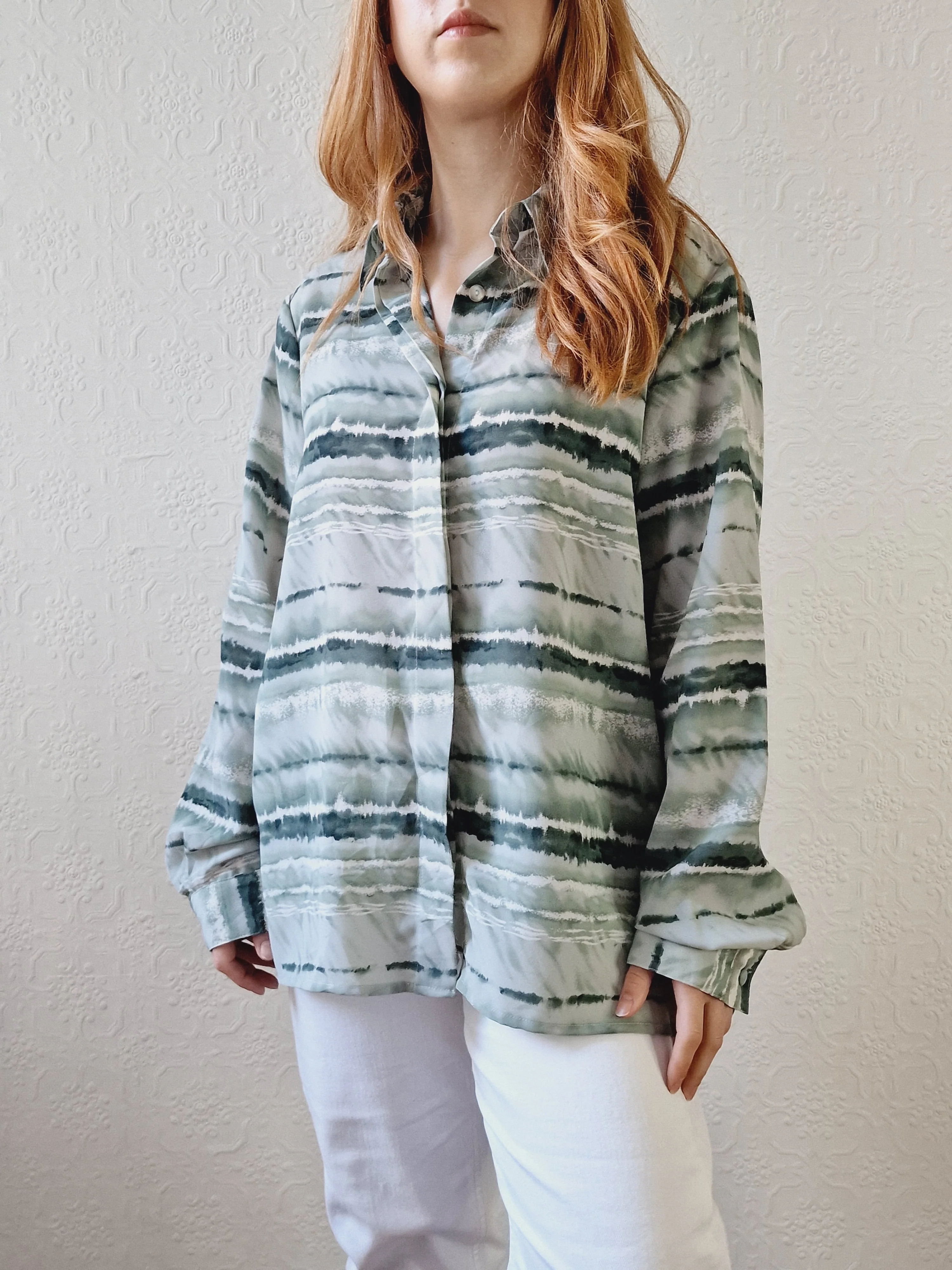 Vintage 90s Green Watercolour Abstract Pattern Long Sleeve Blouse - M - Image 10