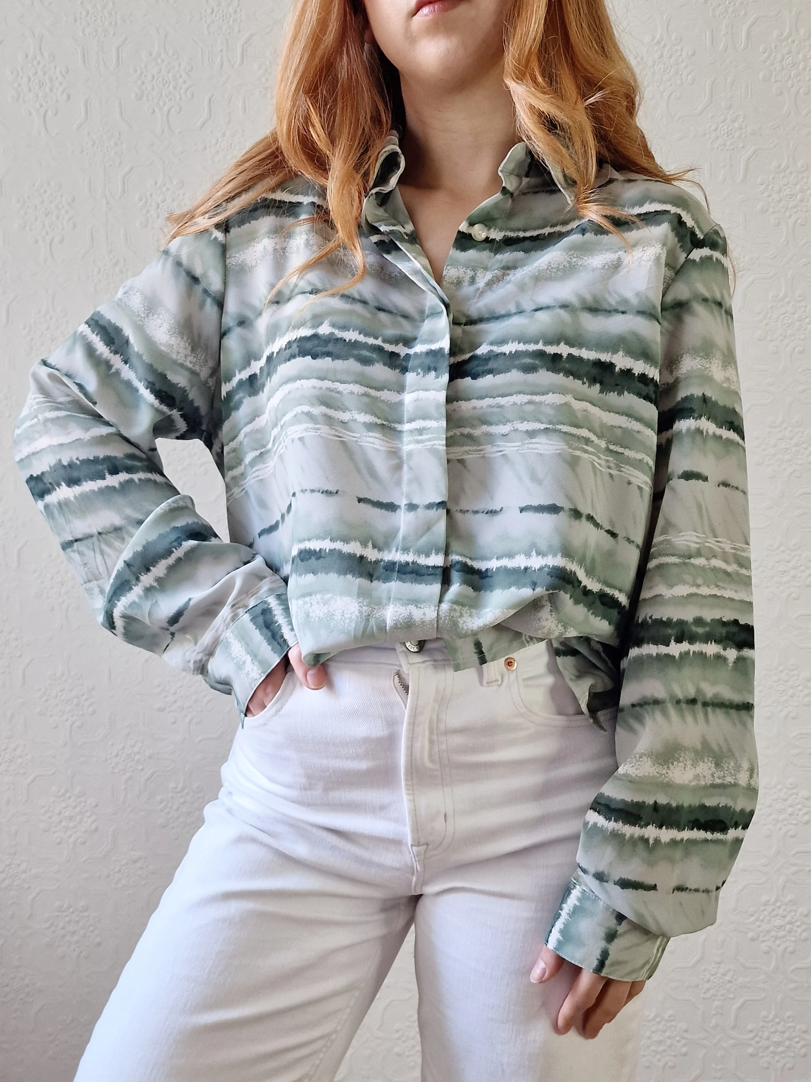 Vintage 90s Green Watercolour Abstract Pattern Long Sleeve Blouse - M - Image 2