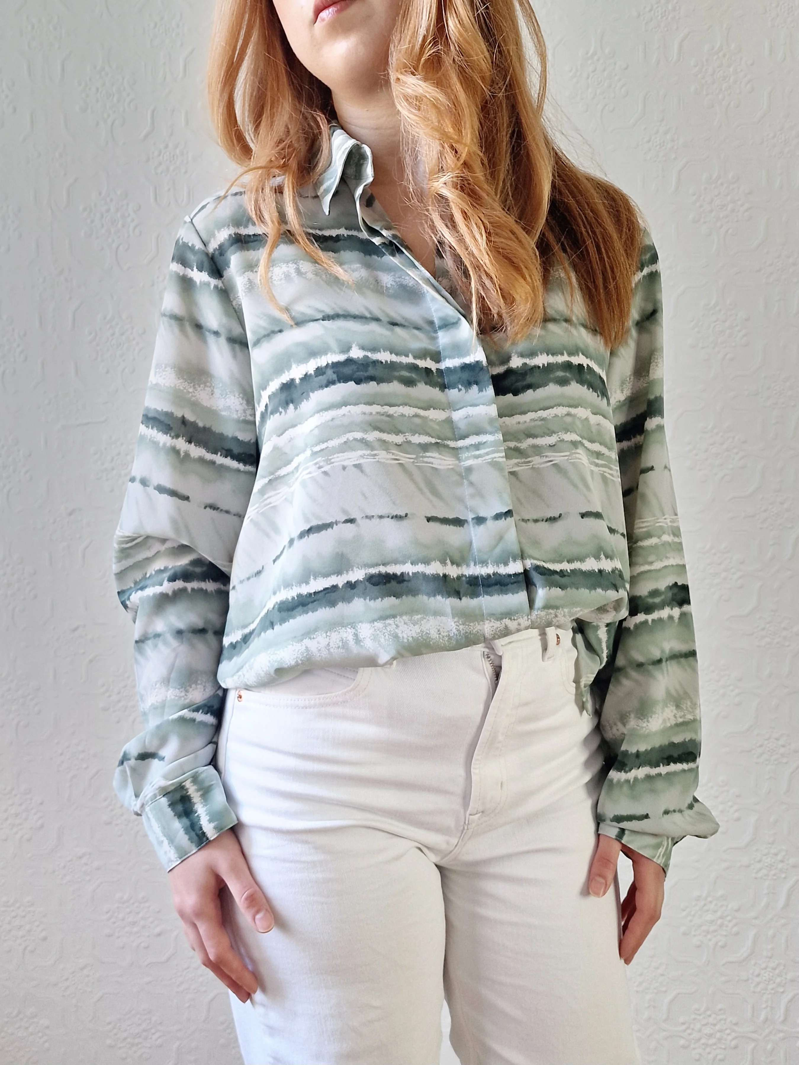 Vintage 90s Green Watercolour Abstract Pattern Long Sleeve Blouse - M - Image 3