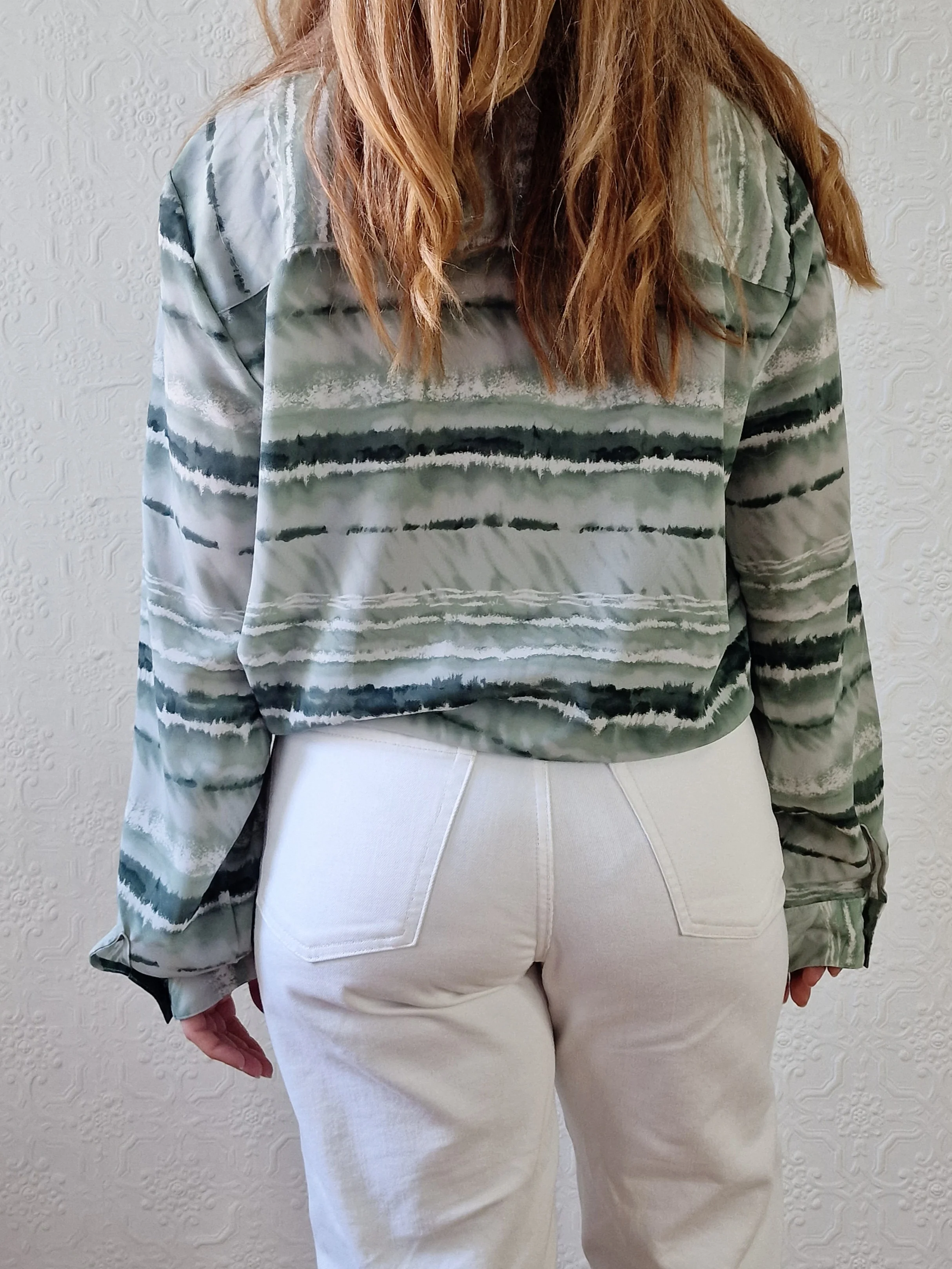 Vintage 90s Green Watercolour Abstract Pattern Long Sleeve Blouse - M - Image 4