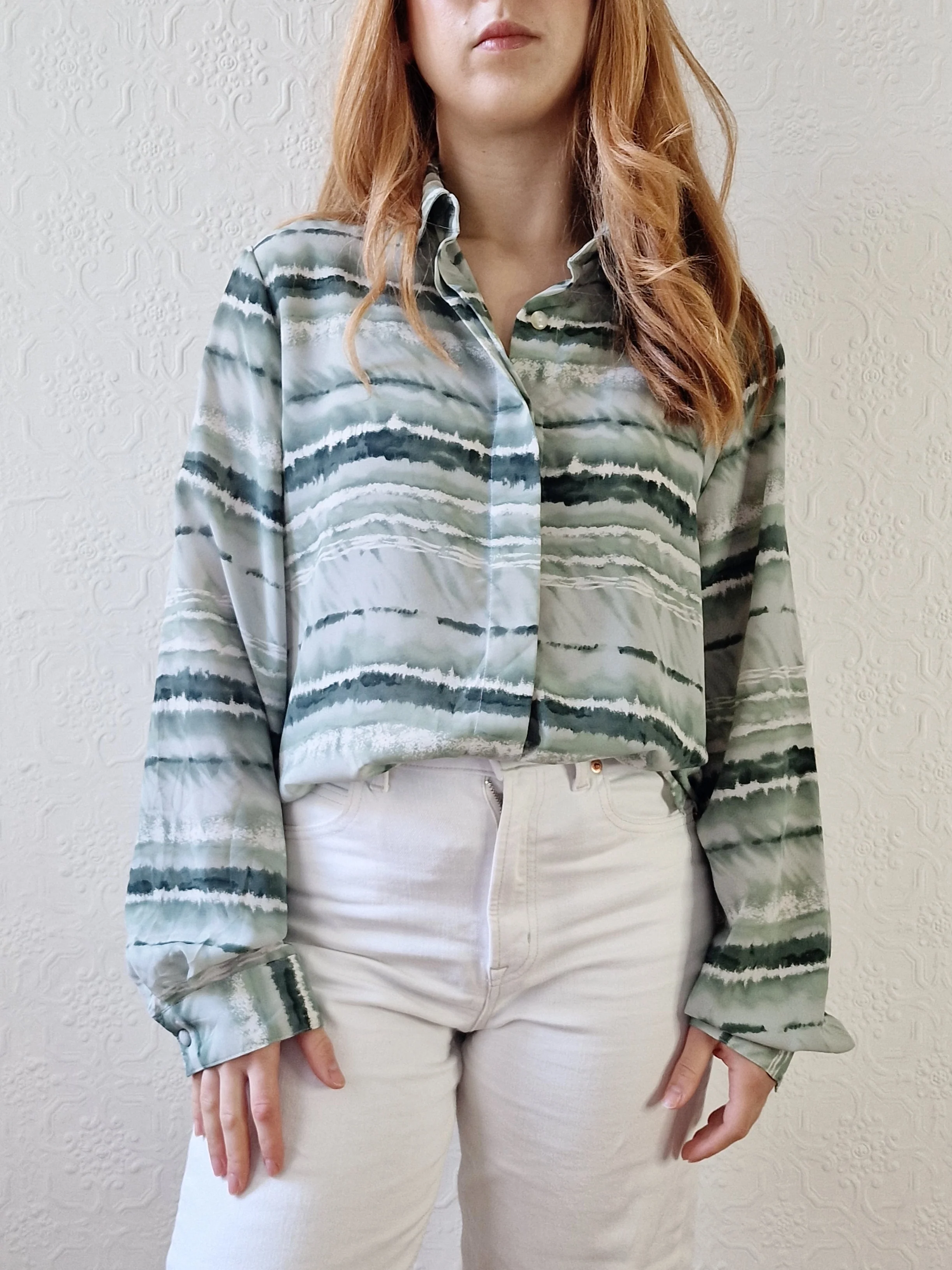 Vintage 90s Green Watercolour Abstract Pattern Long Sleeve Blouse - M - Image 5