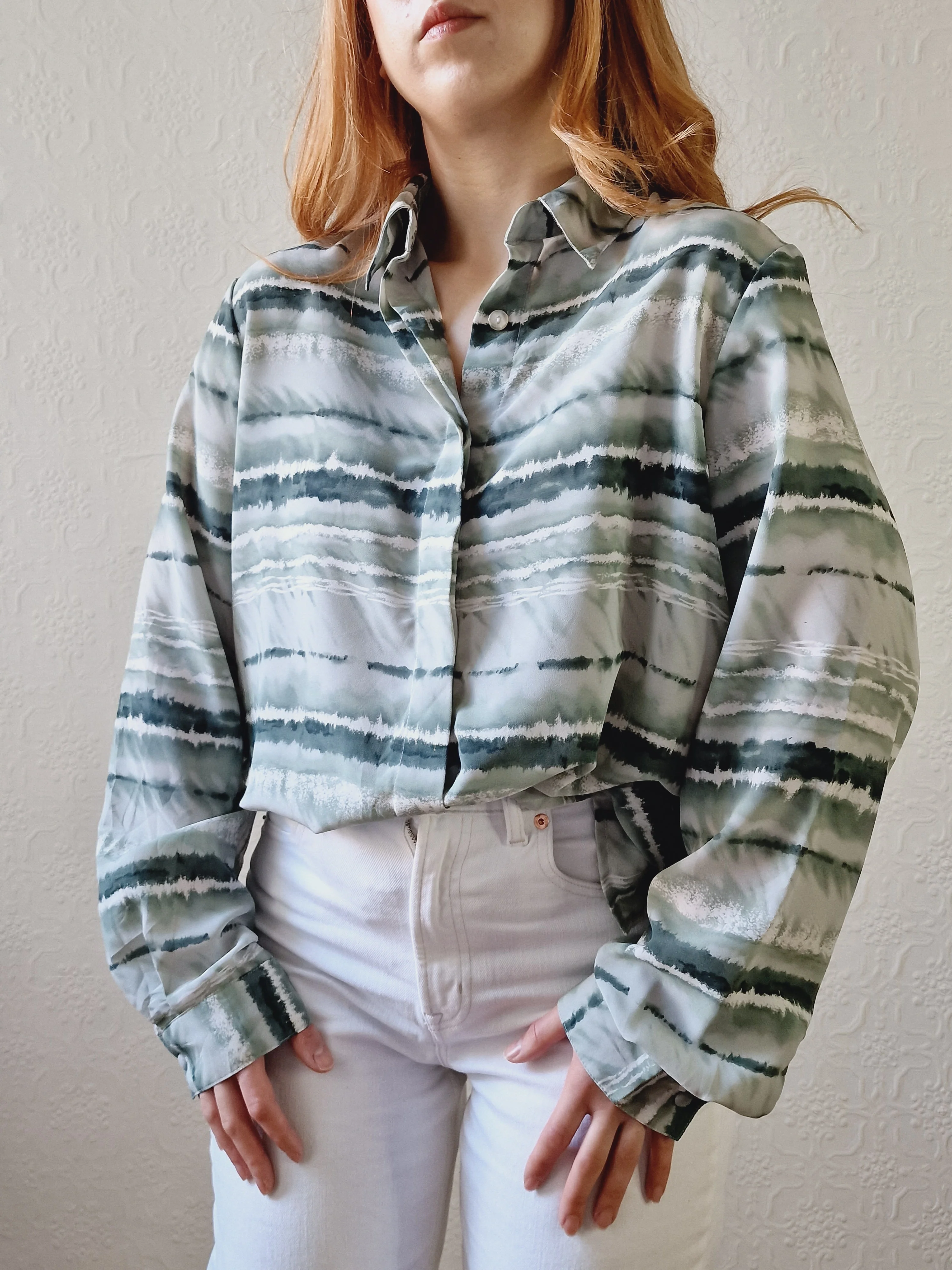 Vintage 90s Green Watercolour Abstract Pattern Long Sleeve Blouse - M - Image 6