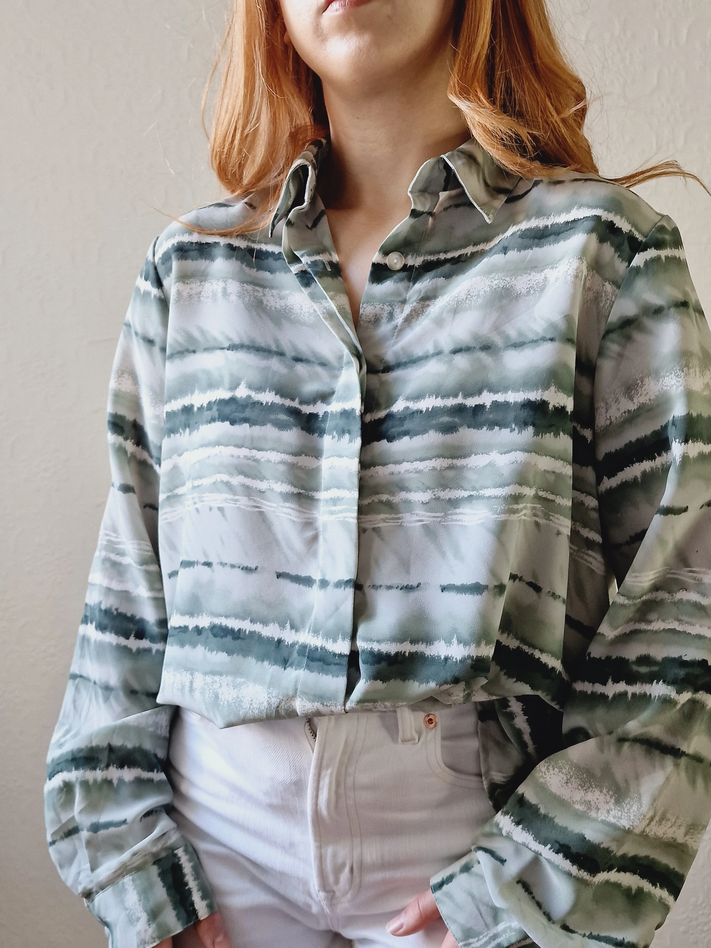 Vintage 90s Green Watercolour Abstract Pattern Long Sleeve Blouse - M - Image 7