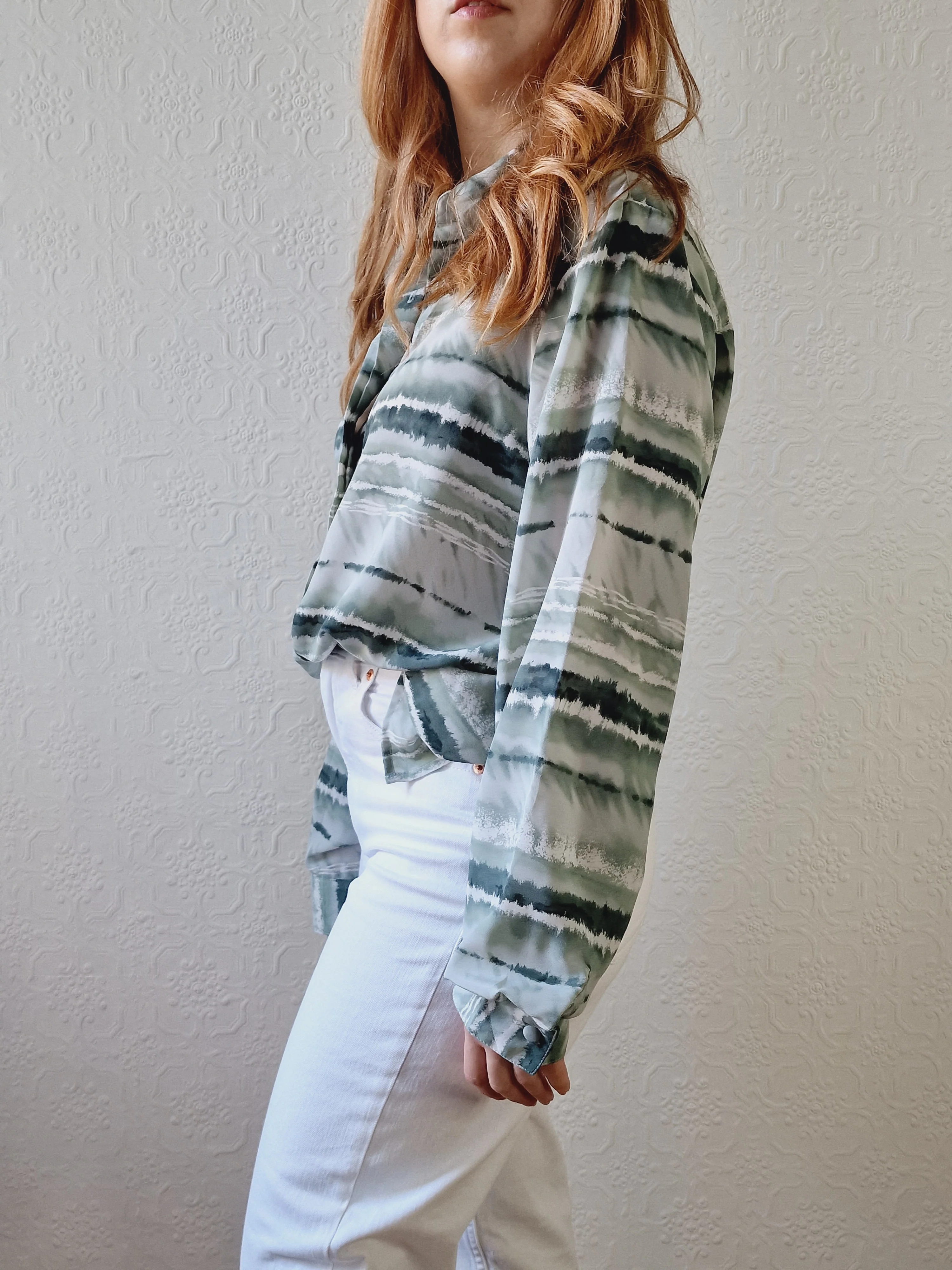 Vintage 90s Green Watercolour Abstract Pattern Long Sleeve Blouse - M - Image 8