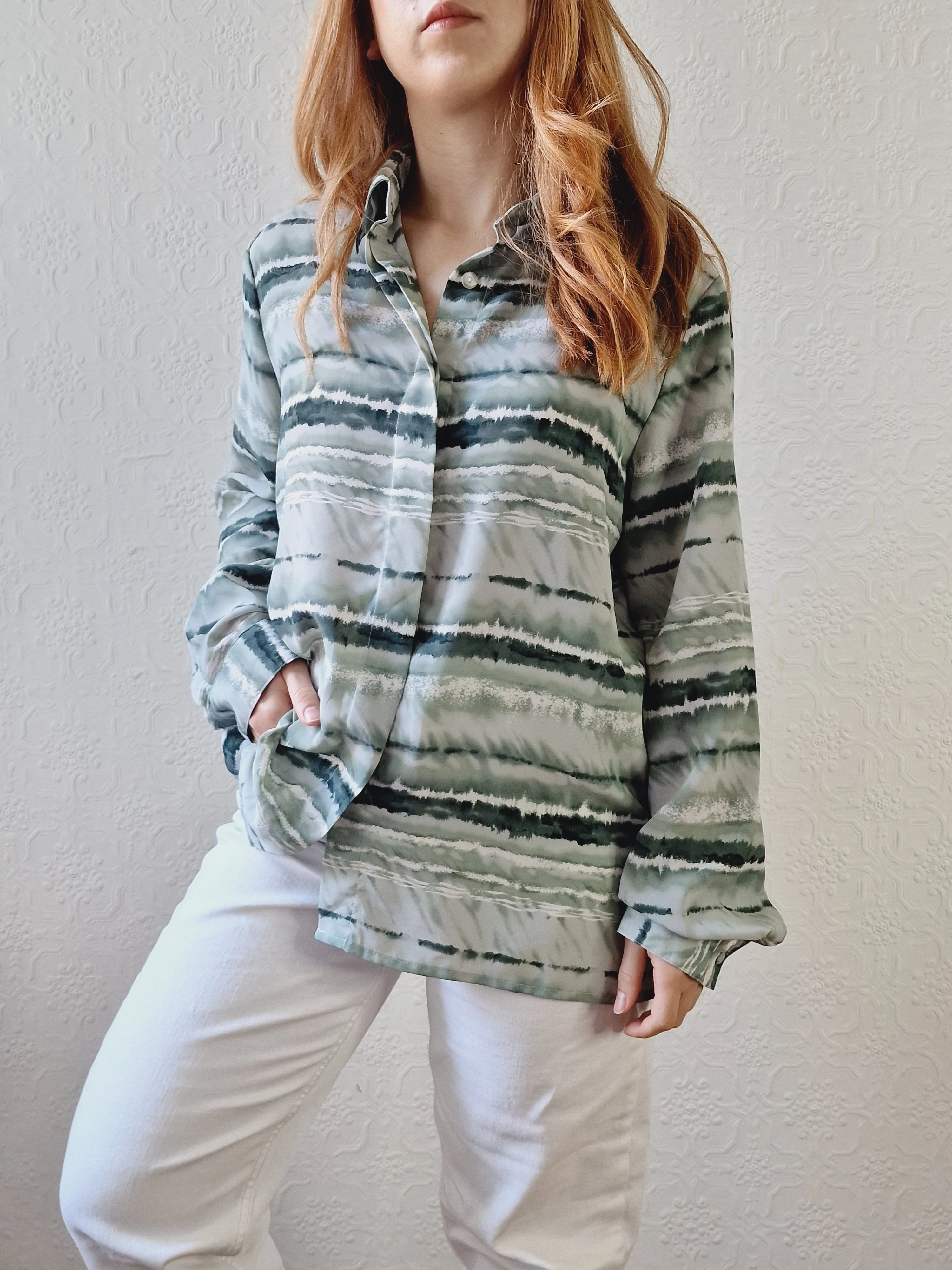 Vintage 90s Green Watercolour Abstract Pattern Long Sleeve Blouse - M - Image 9