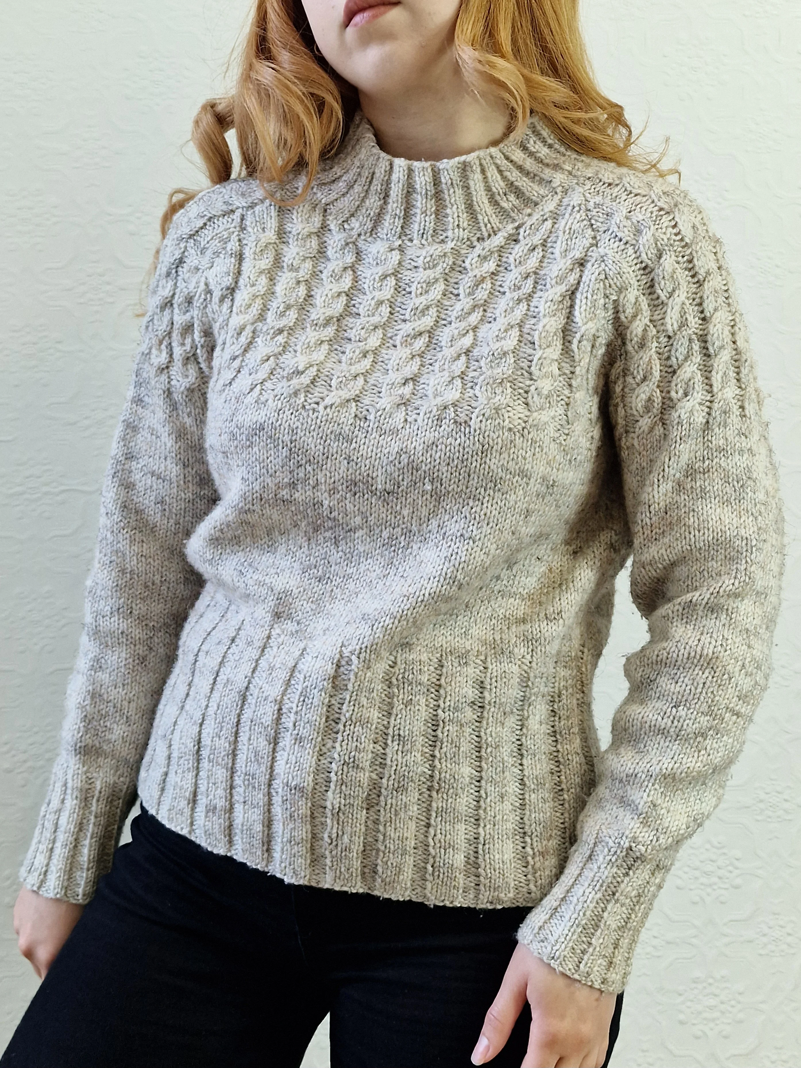 Vintage 90s Grey Wool High Neck Handknitted Aran Jumper - S - Image 2