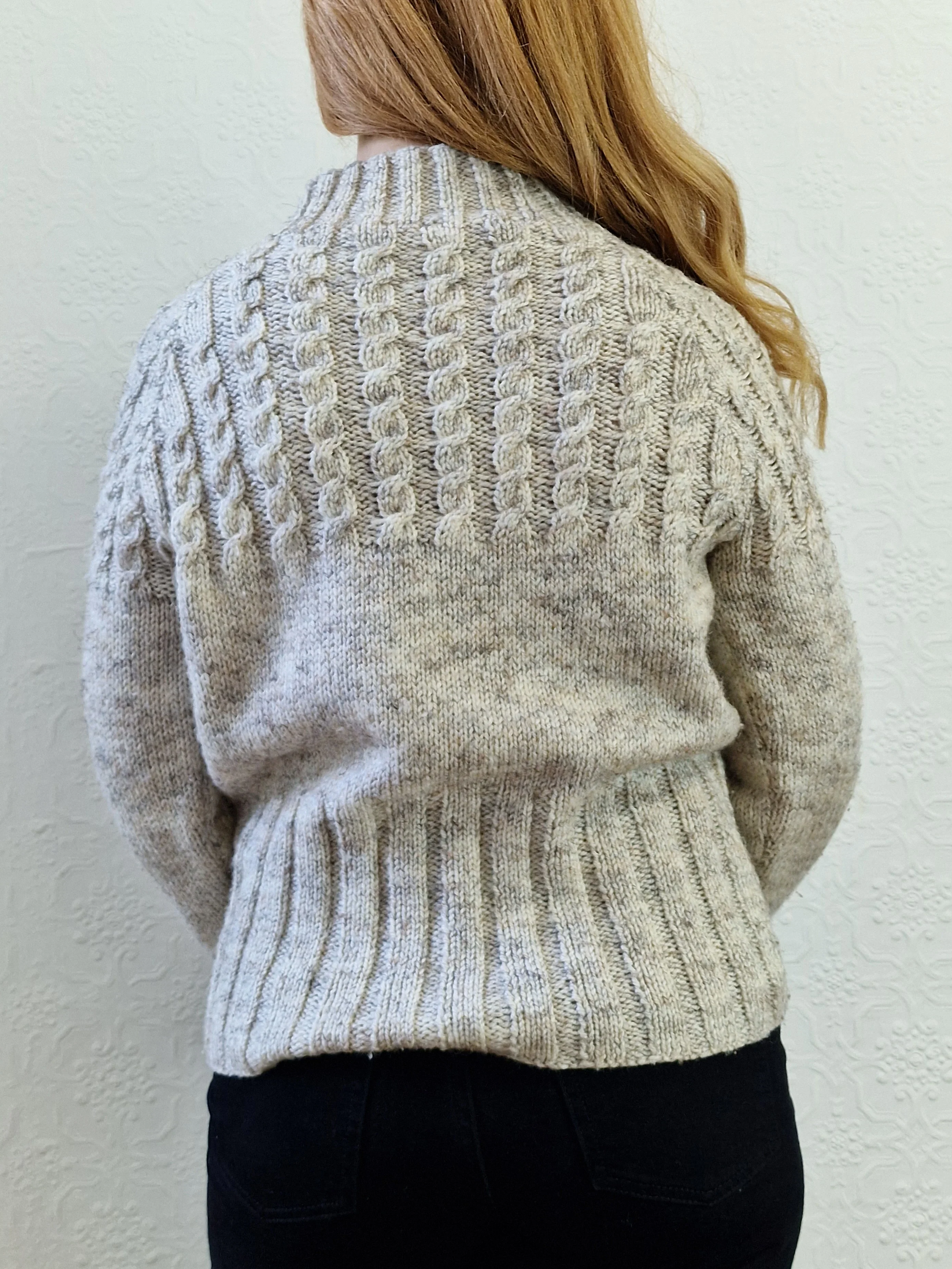 Vintage 90s Grey Wool High Neck Handknitted Aran Jumper - S - Image 3
