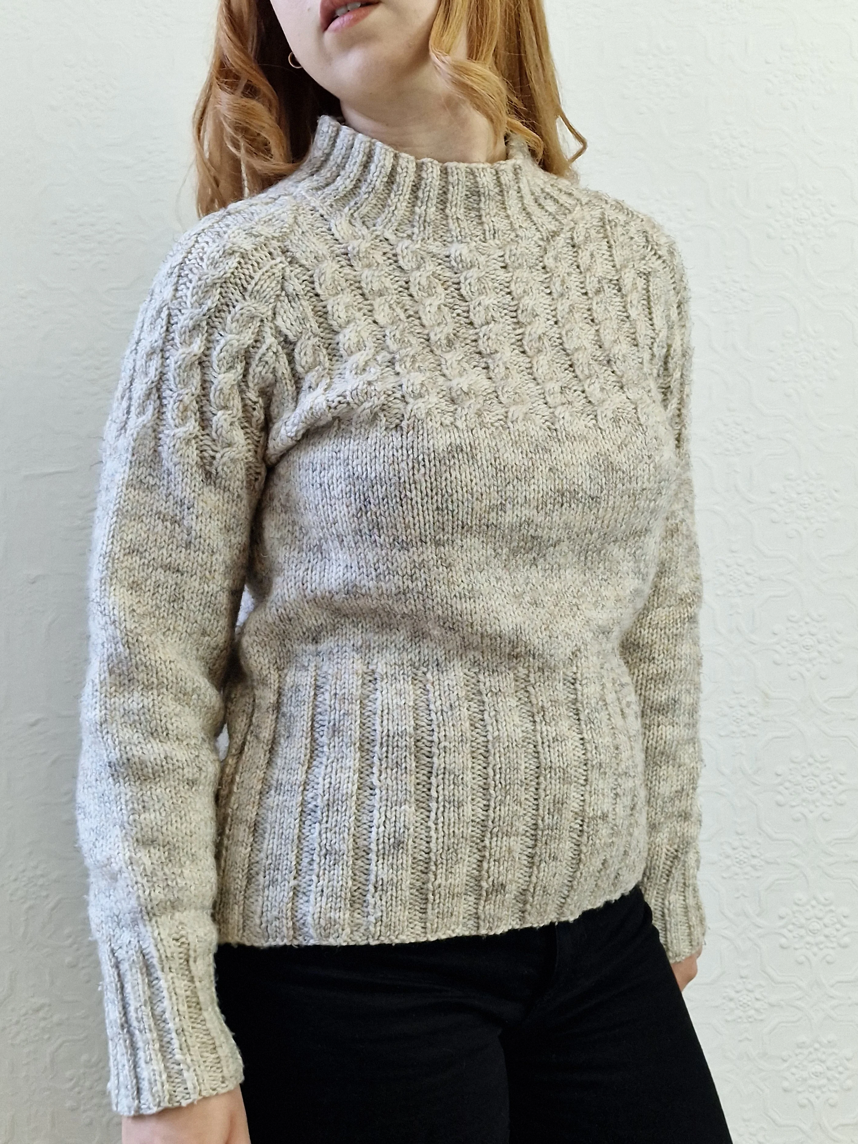 Vintage 90s Grey Wool High Neck Handknitted Aran Jumper - S - Image 4