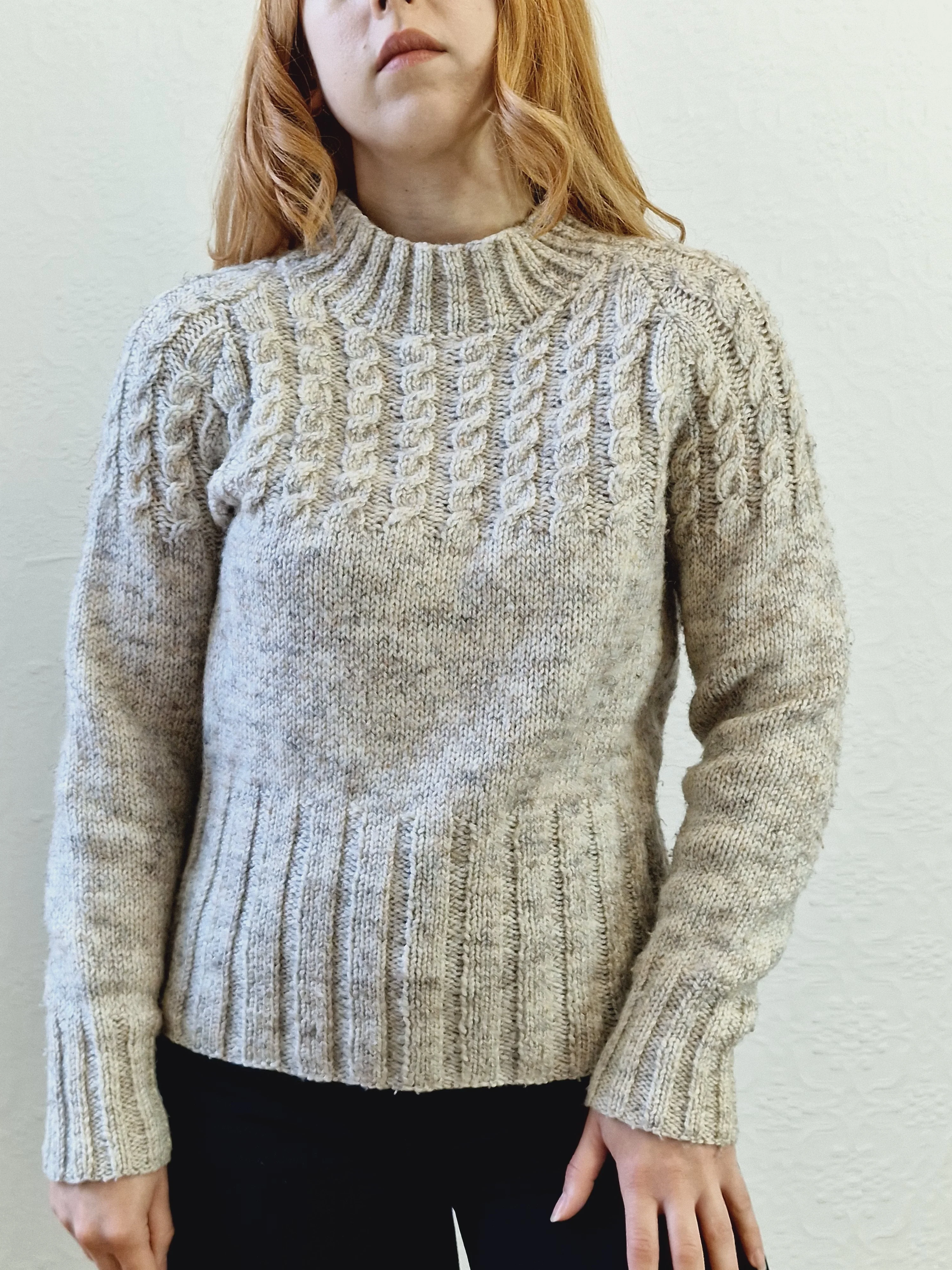 Vintage 90s Grey Wool High Neck Handknitted Aran Jumper - S - Image 5