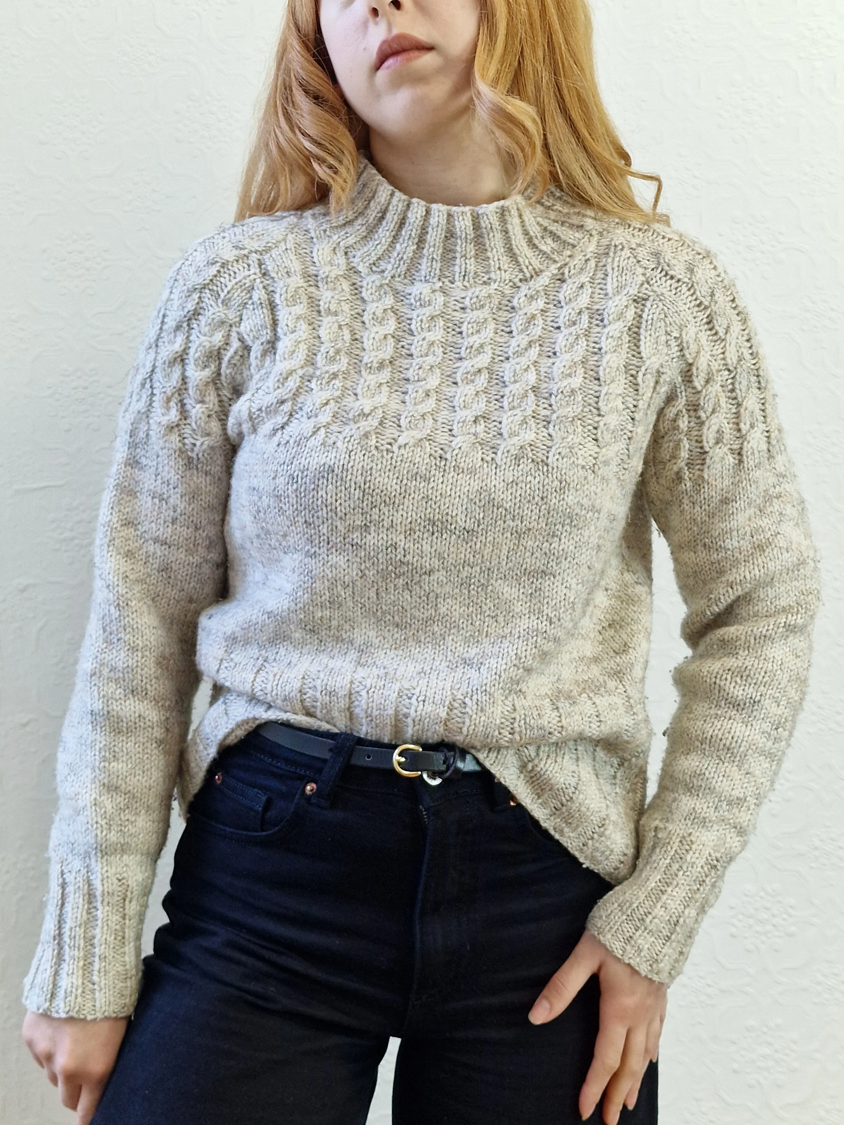 Vintage 90s Grey Wool High Neck Handknitted Aran Jumper - S - Image 7