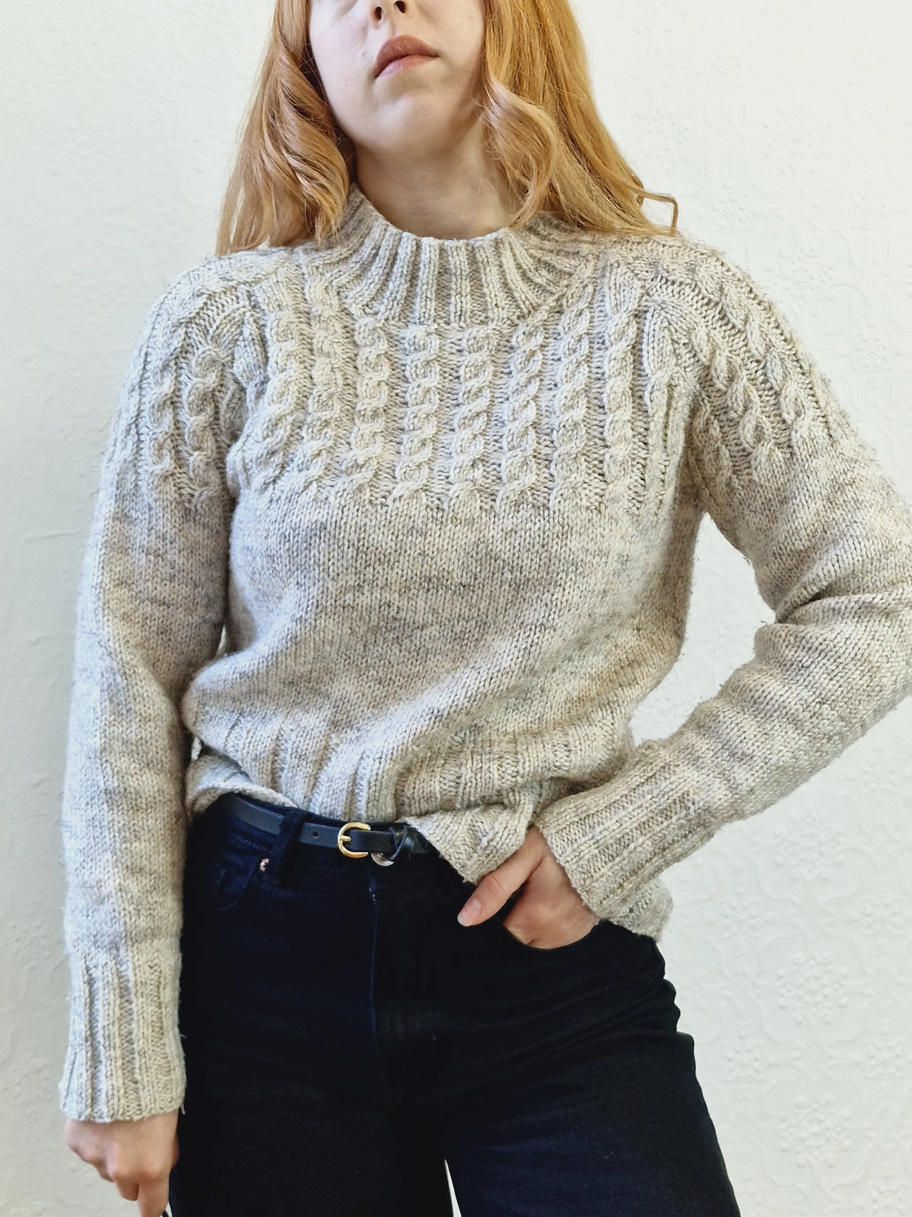 Vintage 90s Grey Wool High Neck Handknitted Aran Jumper - S - Image 8