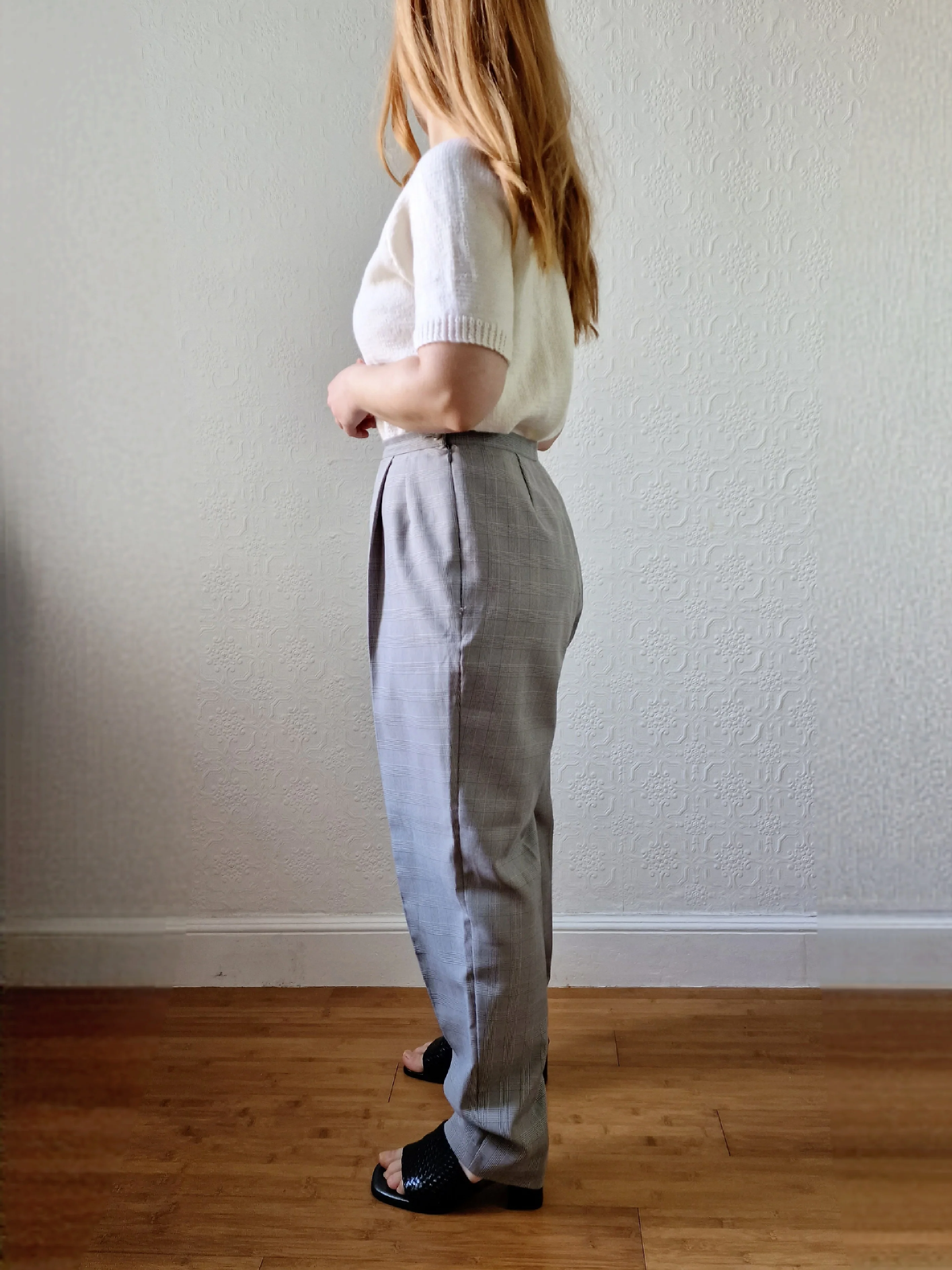 Vintage 90s High Waisted Black & White Check Pleated Trousers - M - Image 2