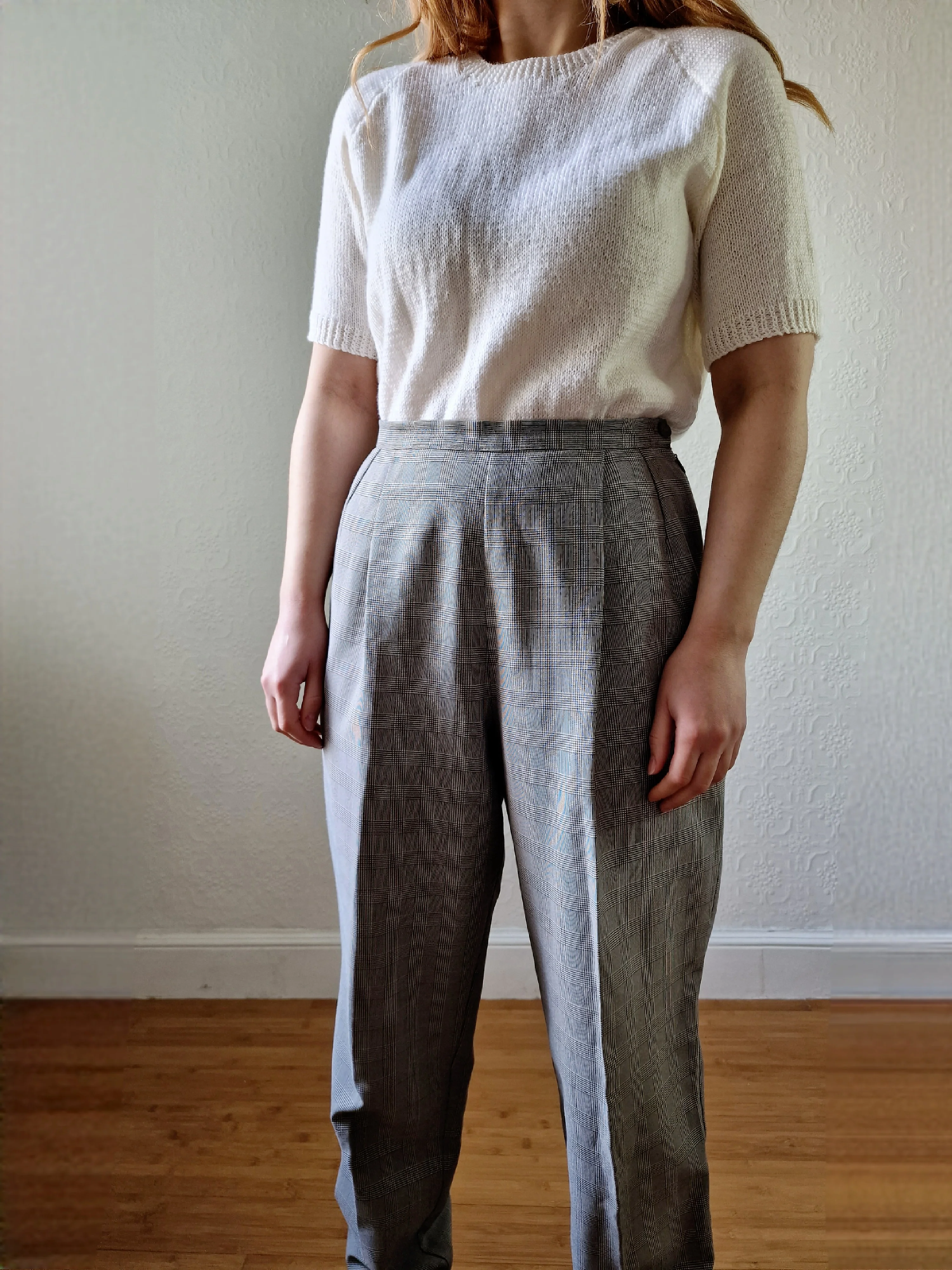 Vintage 90s High Waisted Black & White Check Pleated Trousers - M - Image 4