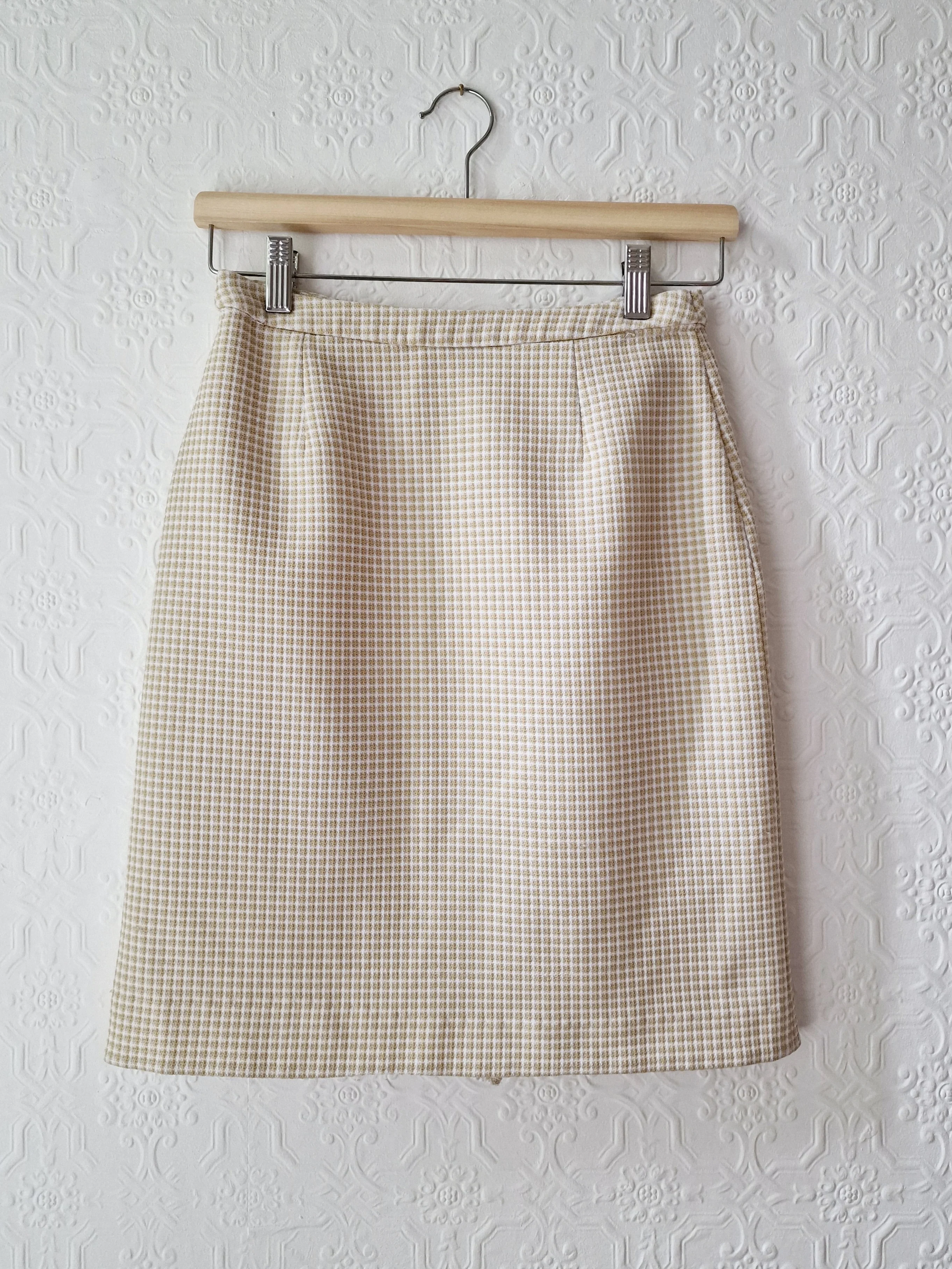 Vintage 90s High Waisted Cream & Beige Houndstooth Skirt - XS