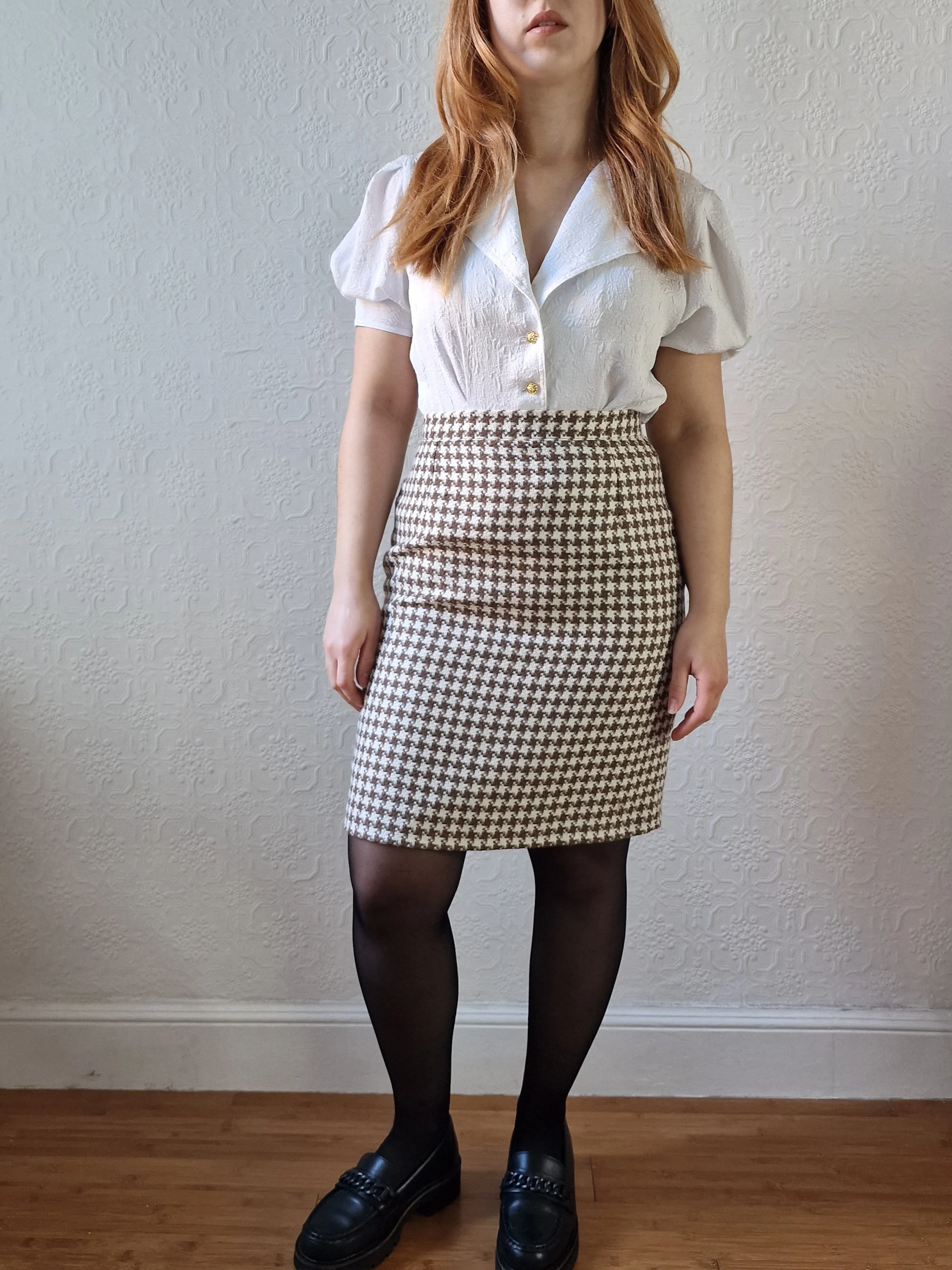 Vintage 90s High Waisted Cream & Brown Houndstooth Skirt - S